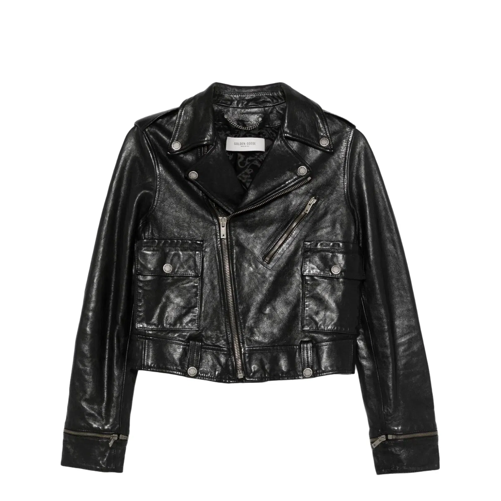 Shiny Black Sheepskin Biker Jacket with Sturdy Zip