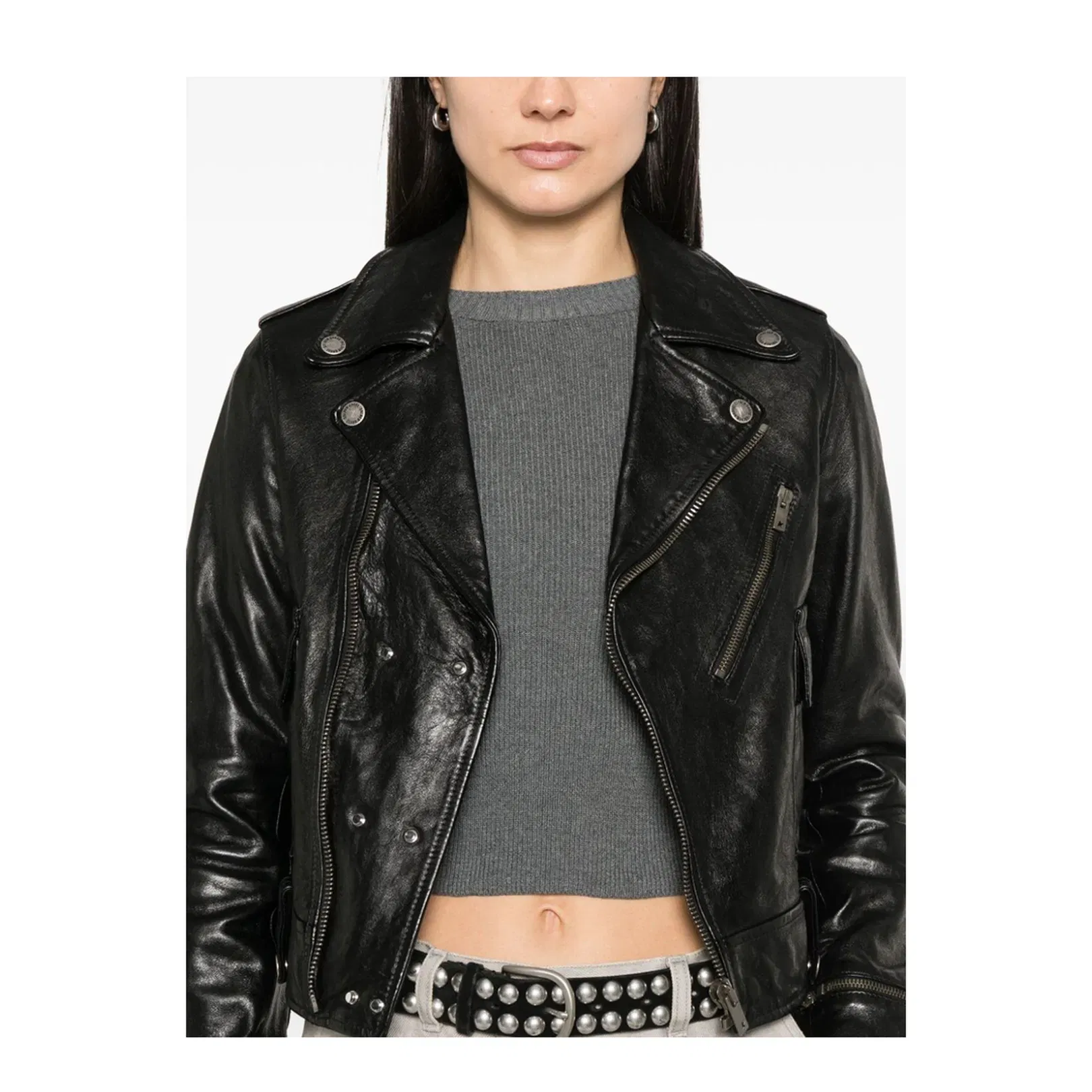 Shiny Black Sheepskin Biker Jacket with Sturdy Zip