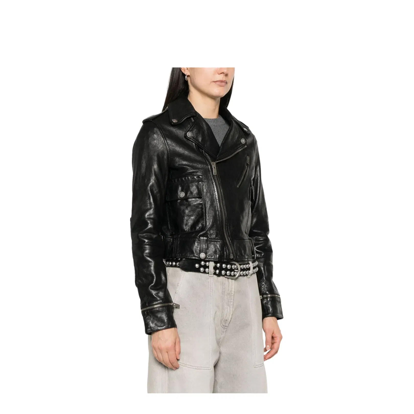 Shiny Black Sheepskin Biker Jacket with Sturdy Zip