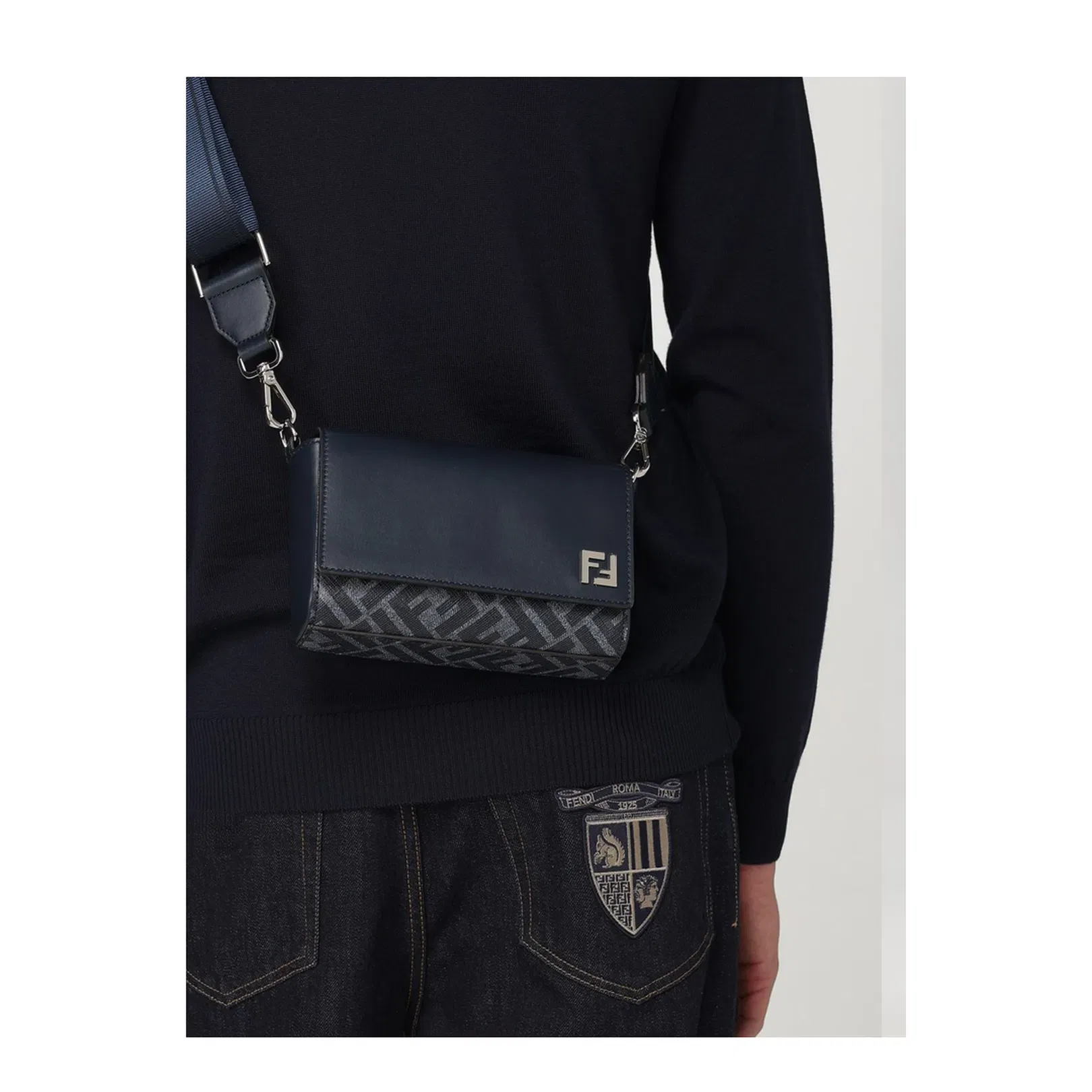 FF Squared Leather And FF Canvas Dark Blue Compact Bag