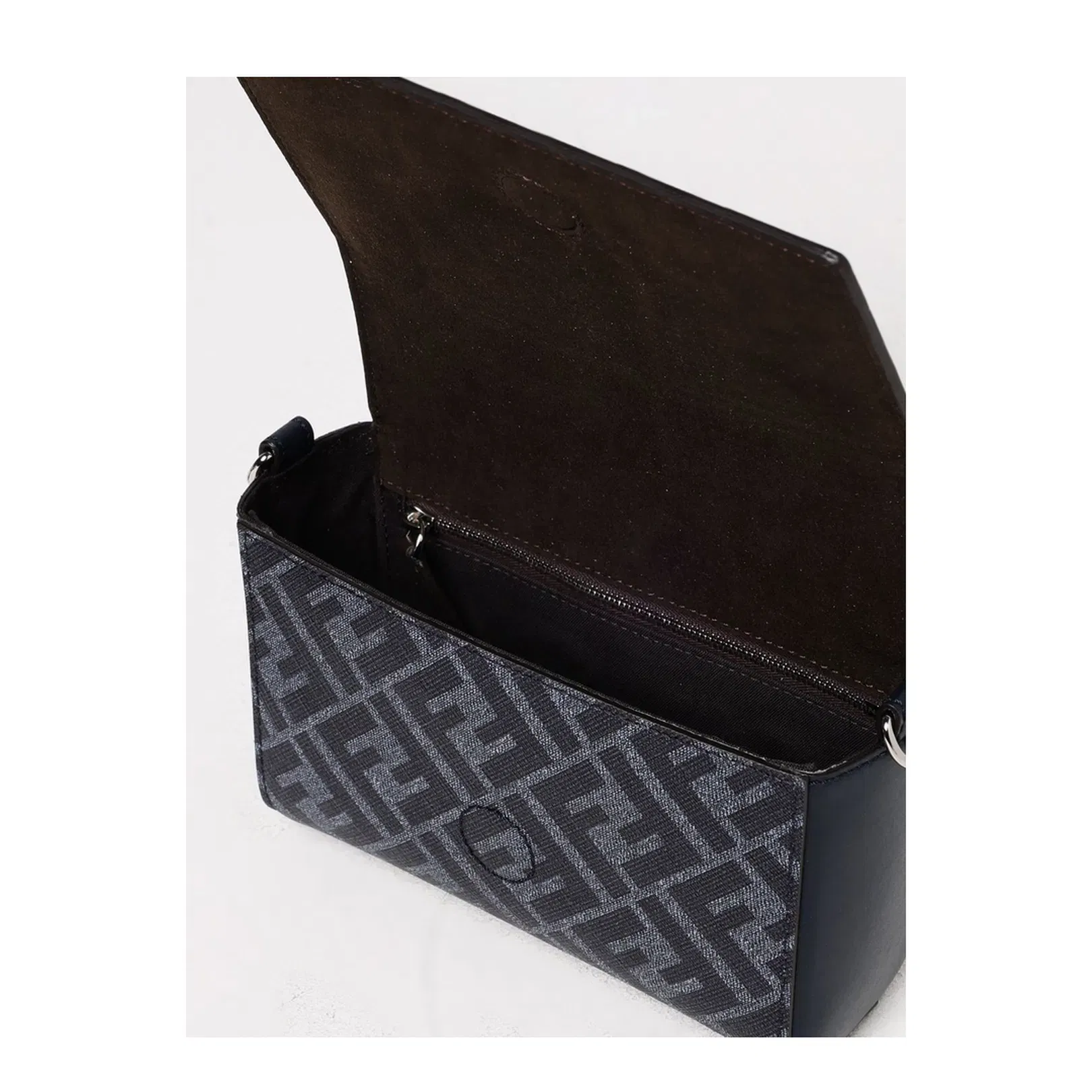 FF Squared Leather And FF Canvas Dark Blue Compact Bag