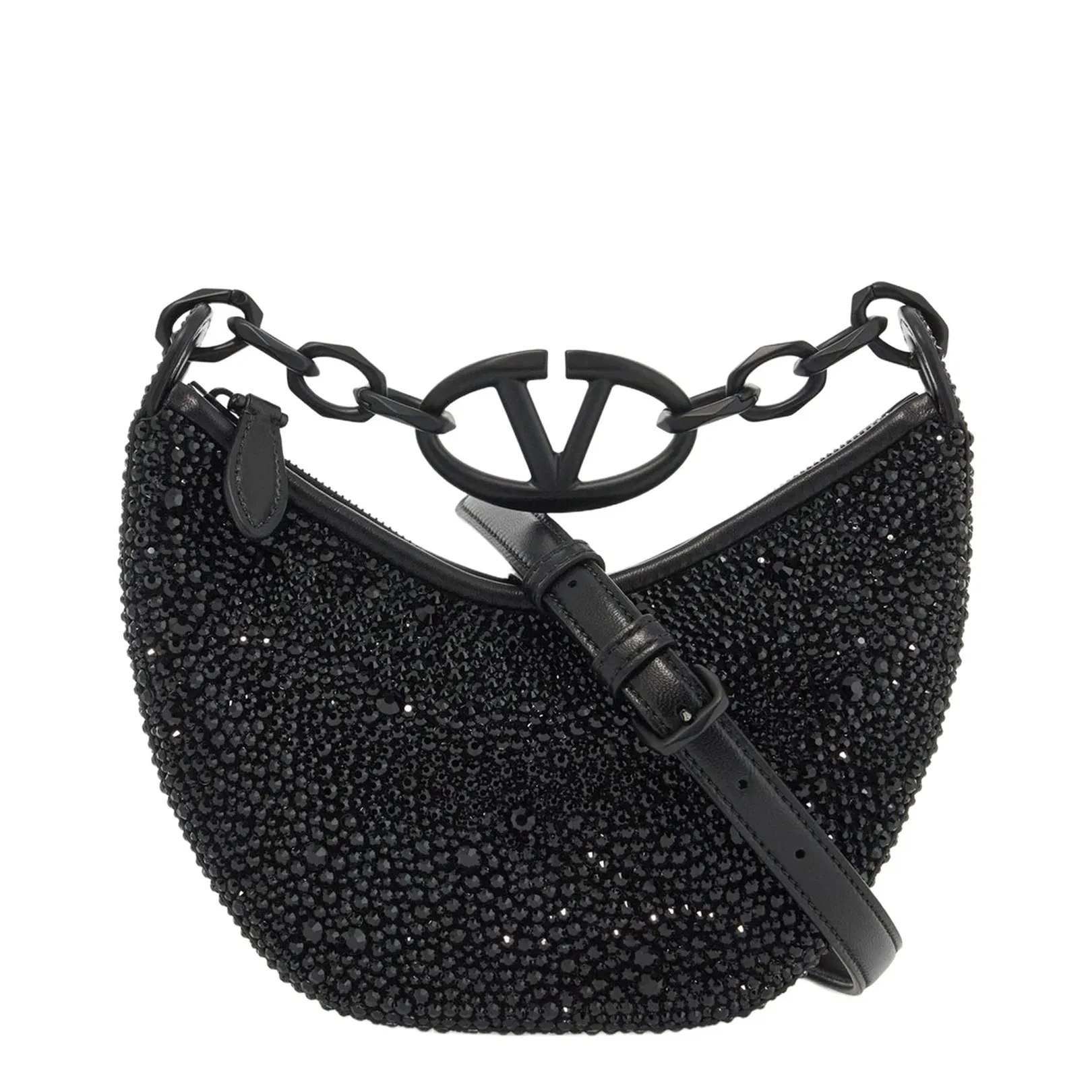 Embellished Leather Hobo VLogo Moon Handbag