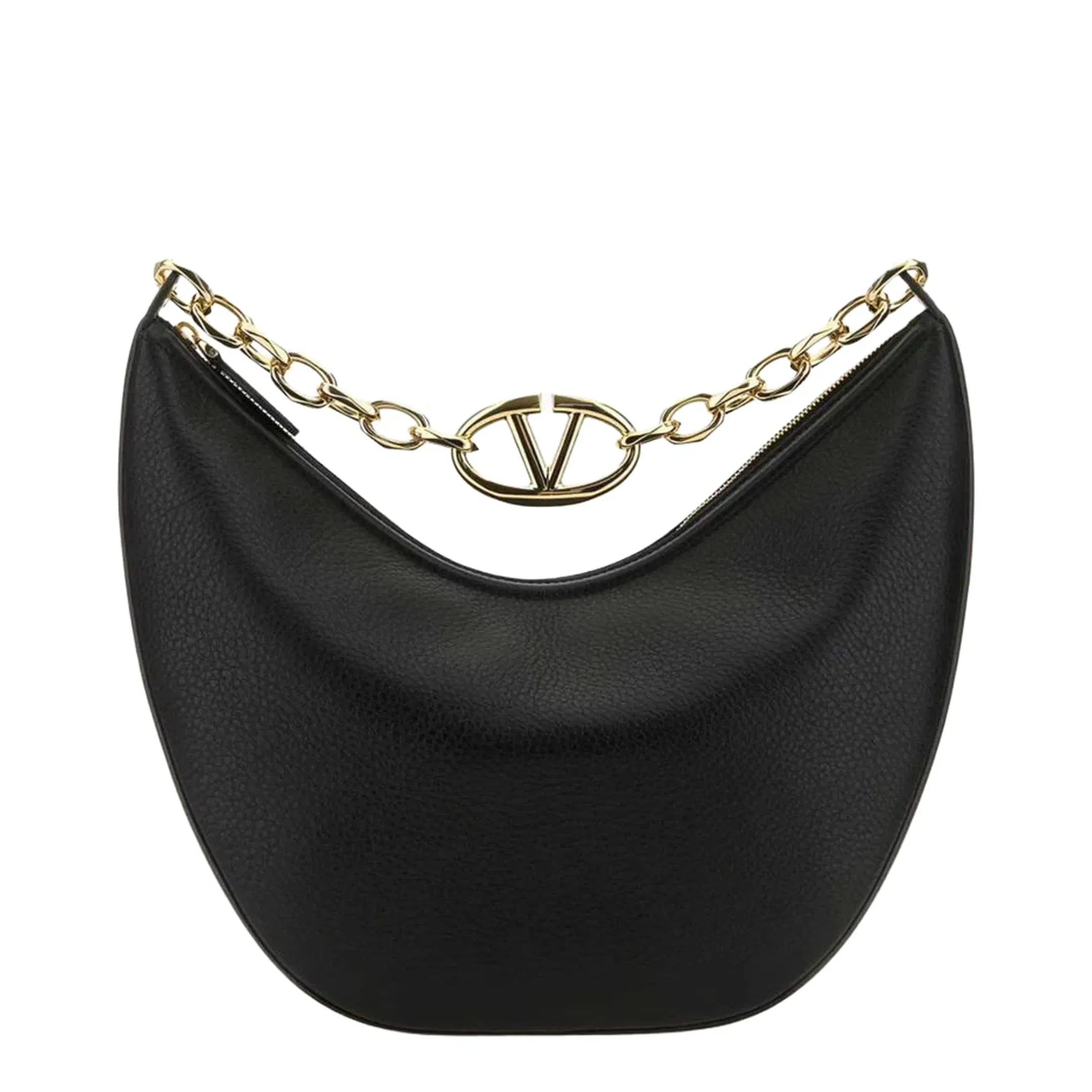VLogo Black Leather Medium Hobo Moon Shoulder Bag