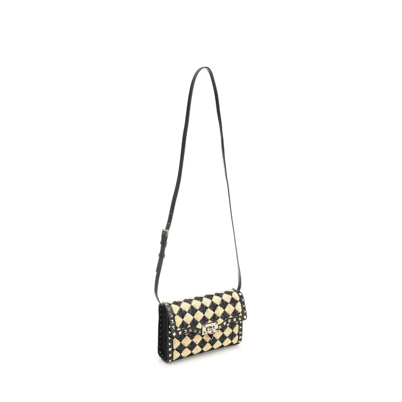 Two Tone Raffia Rockstud Crossbody Bag