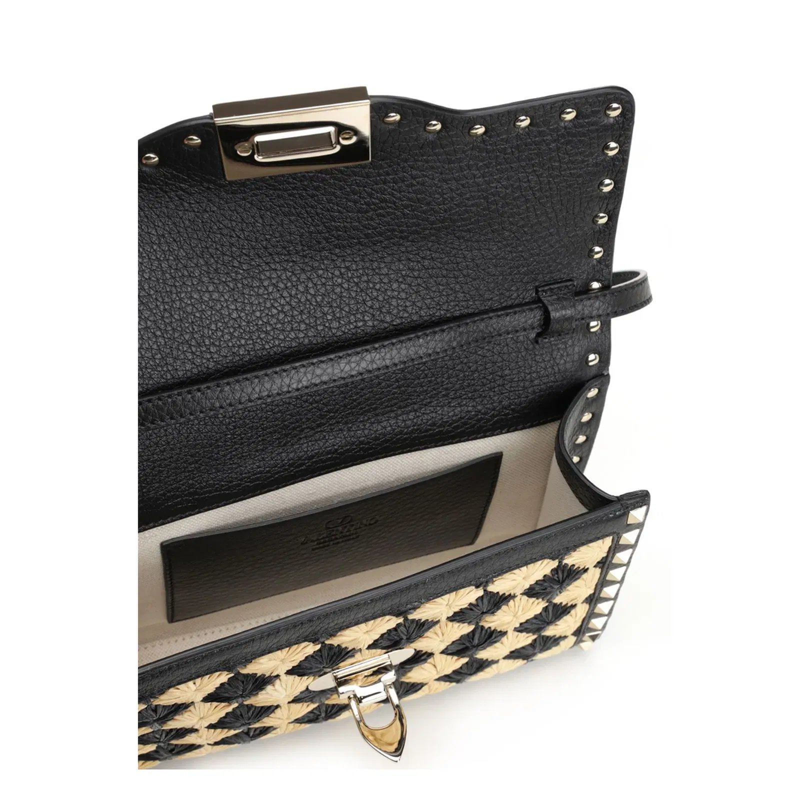 Two Tone Raffia Rockstud Crossbody Bag