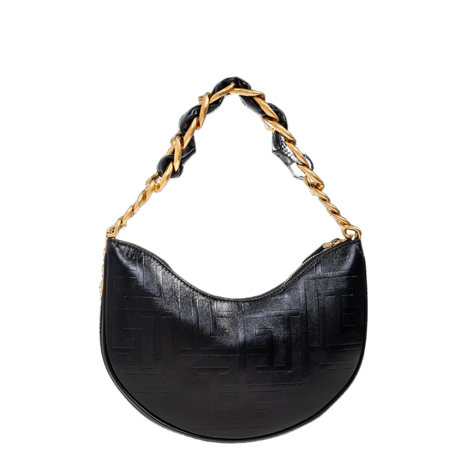 Handbag with Metal Logo and Zipper Closure