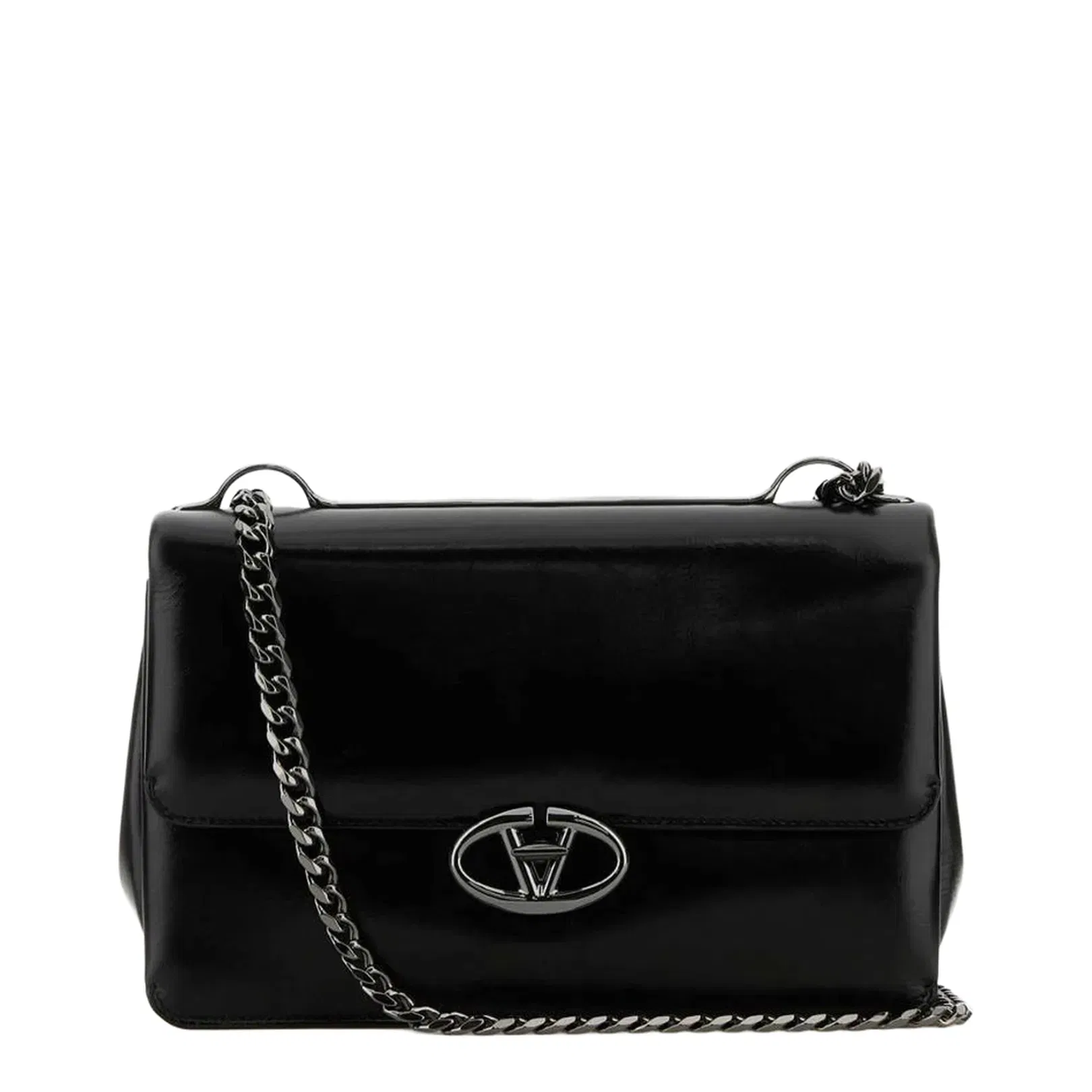 VLogo Black Leather Medium Shoulder Bag