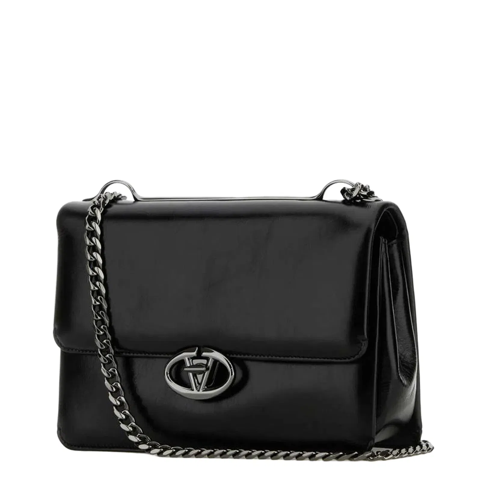 VLogo Black Leather Medium Shoulder Bag