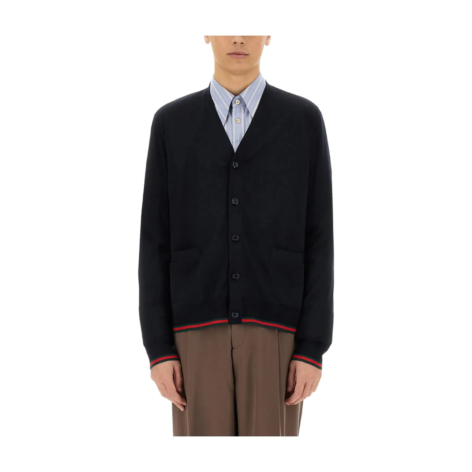 Wool Knit Cardigan with Web in Dark Blue