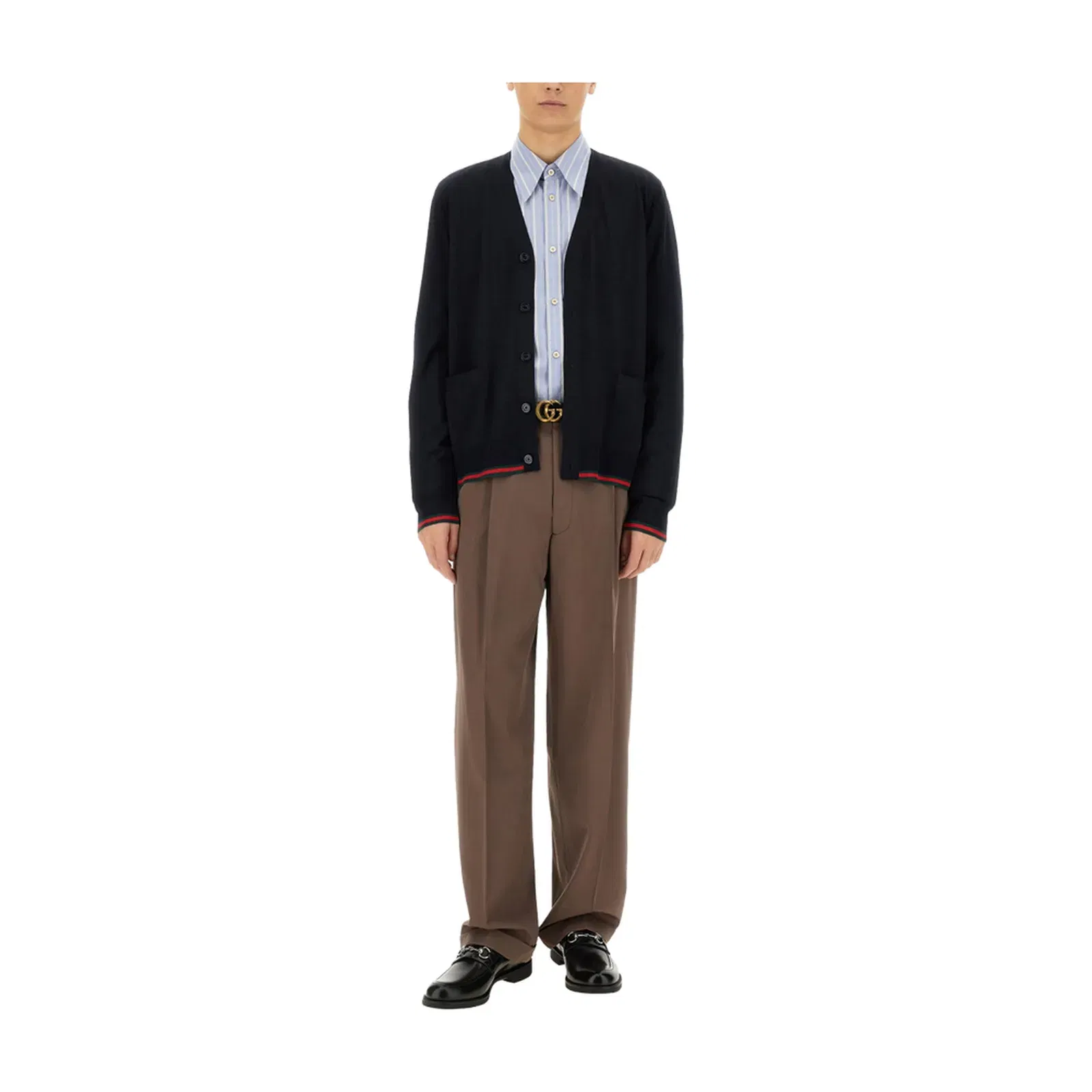 Wool Knit Cardigan with Web in Dark Blue