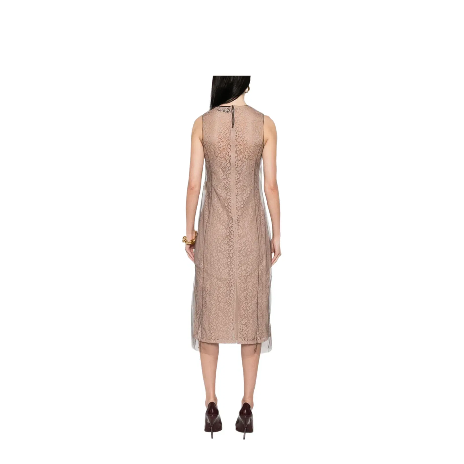 Concealed Rear Hook and Zip Fastening Internal Slip Dress with Tulle Overlay and Rear Slit