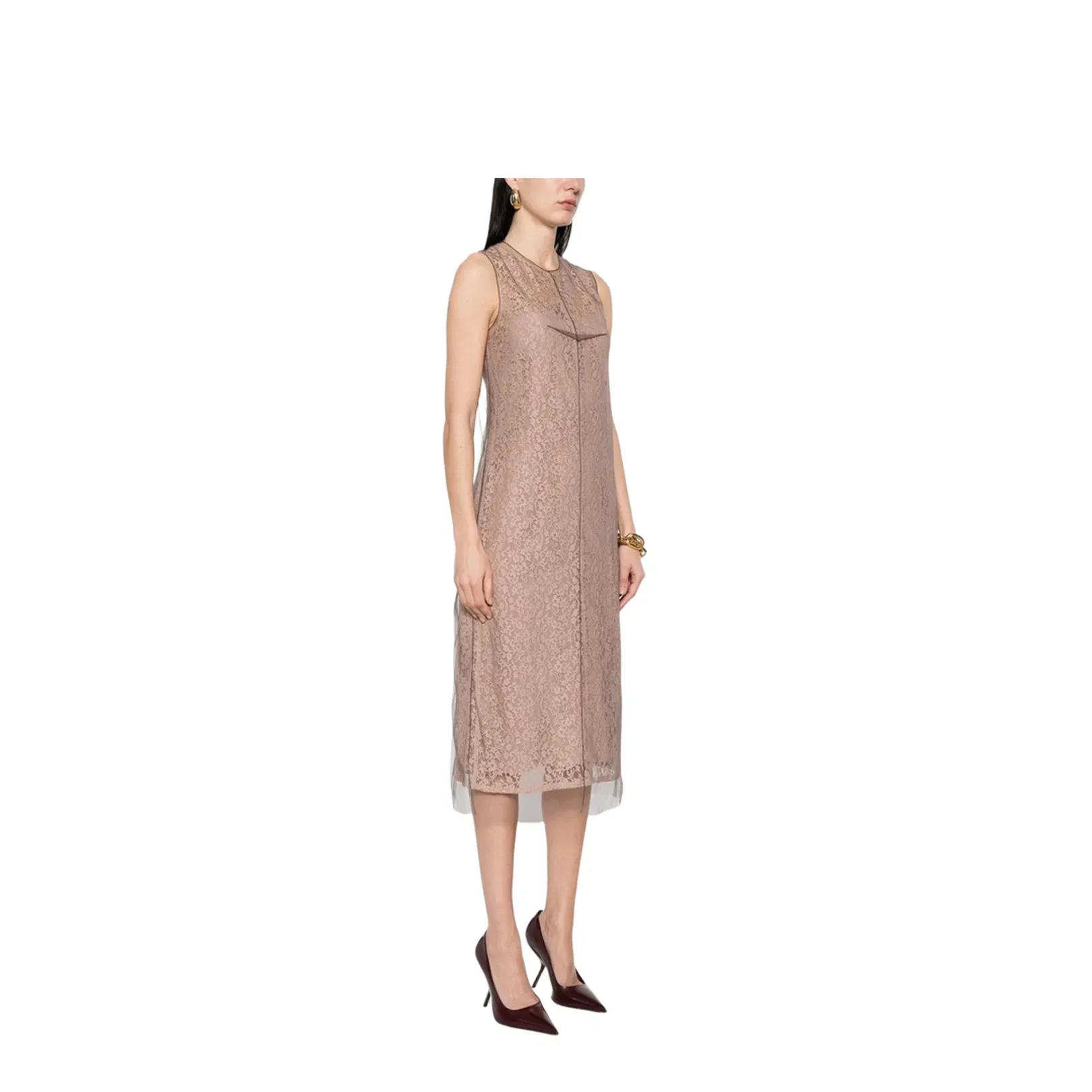 Concealed Rear Hook and Zip Fastening Internal Slip Dress with Tulle Overlay and Rear Slit