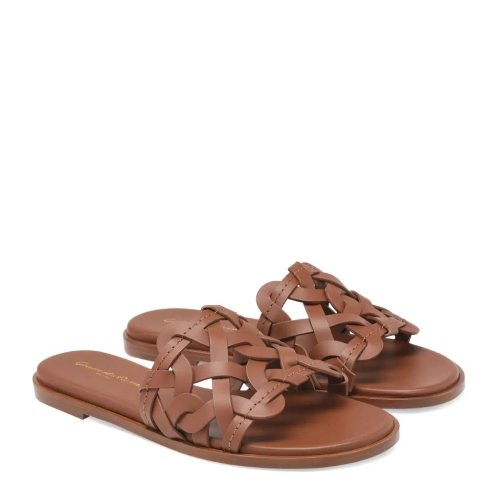 Chocolate Brown Calf Leather Stacked Heel Crossover Strap Round Open Toe