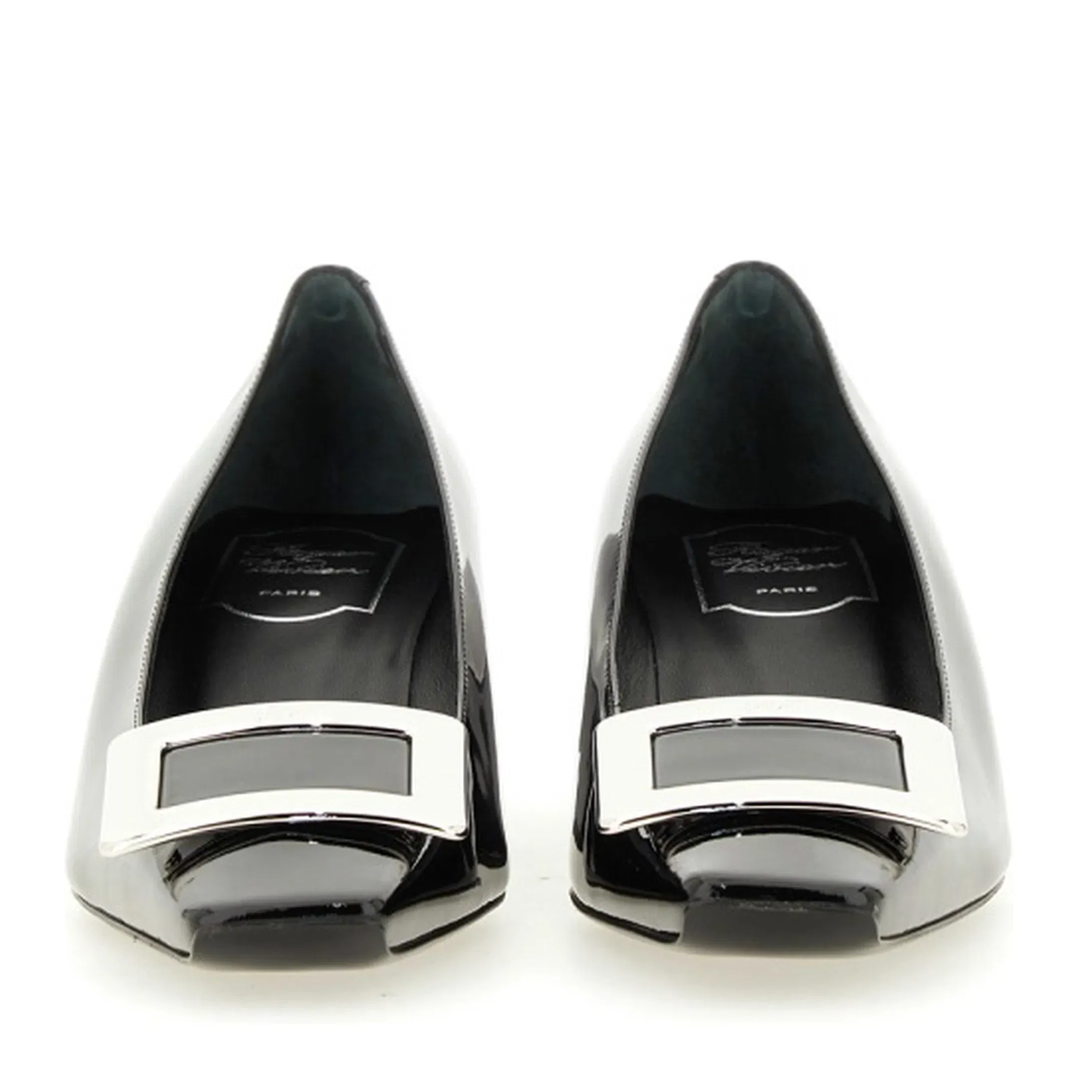 black calfskin pumps with buckle and wide heel