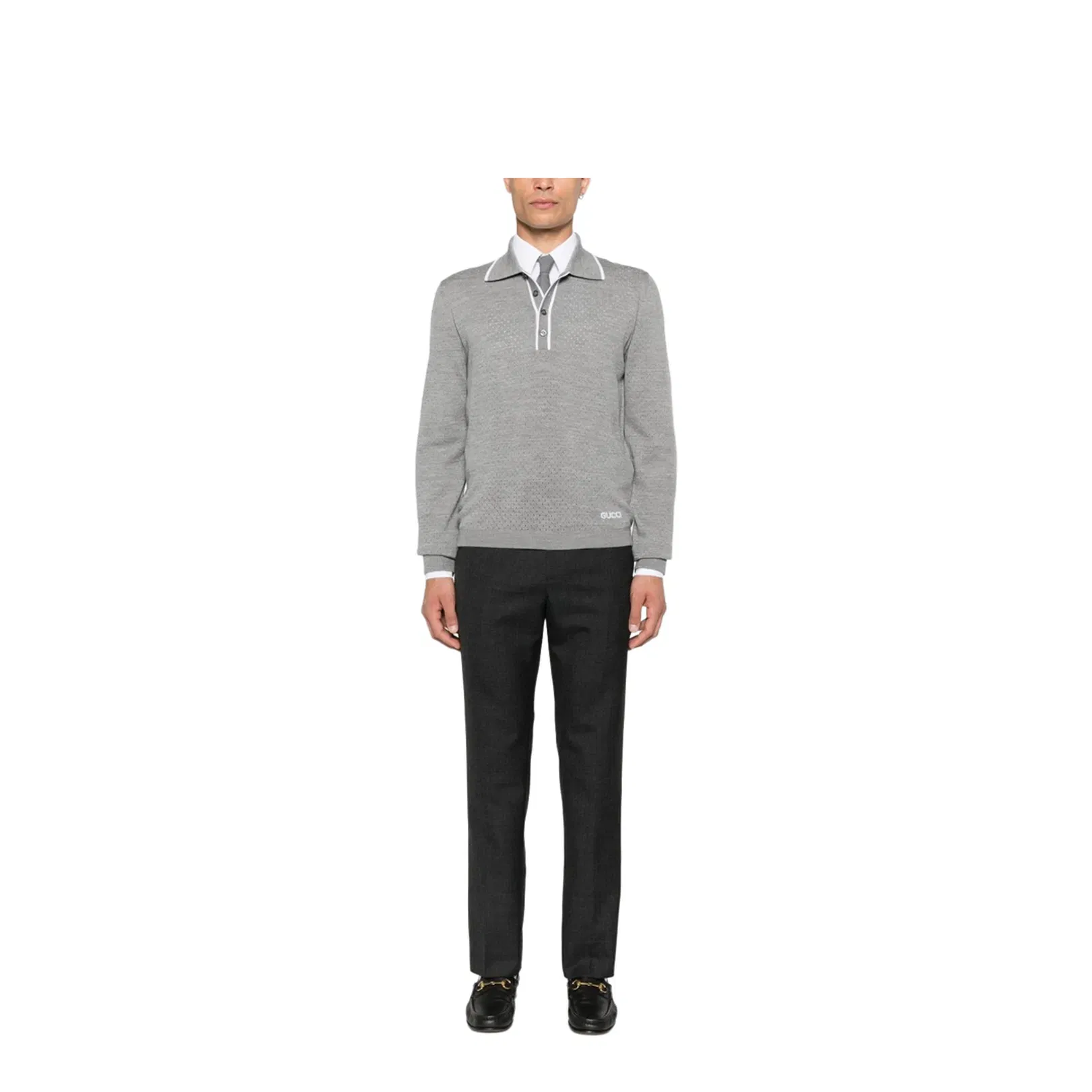 Fine Wool Knit Polo Shirt with Intarsia