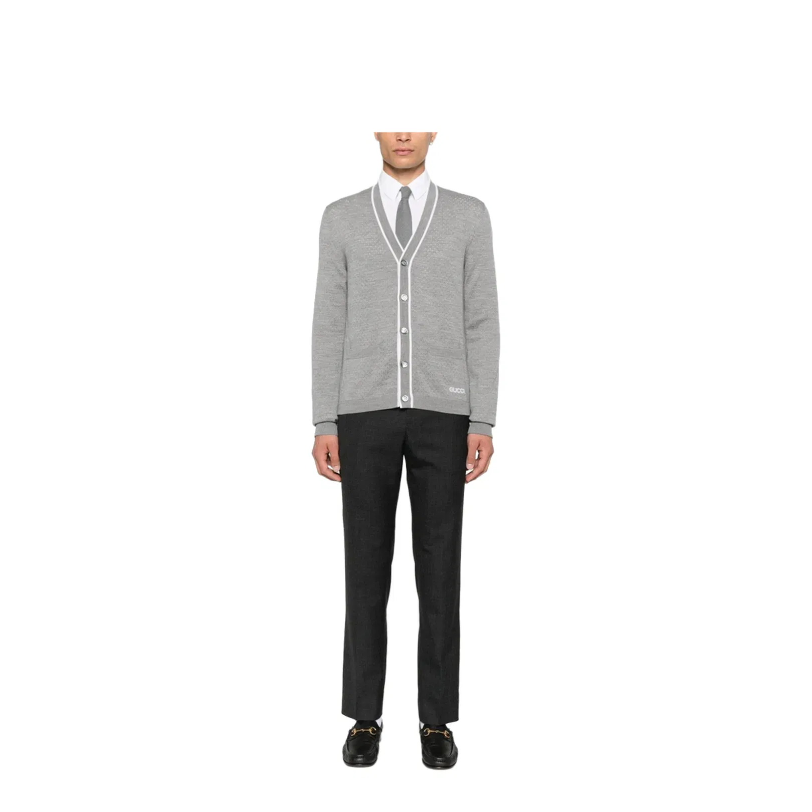 Fine Wool Knit Cardigan with Intarsia