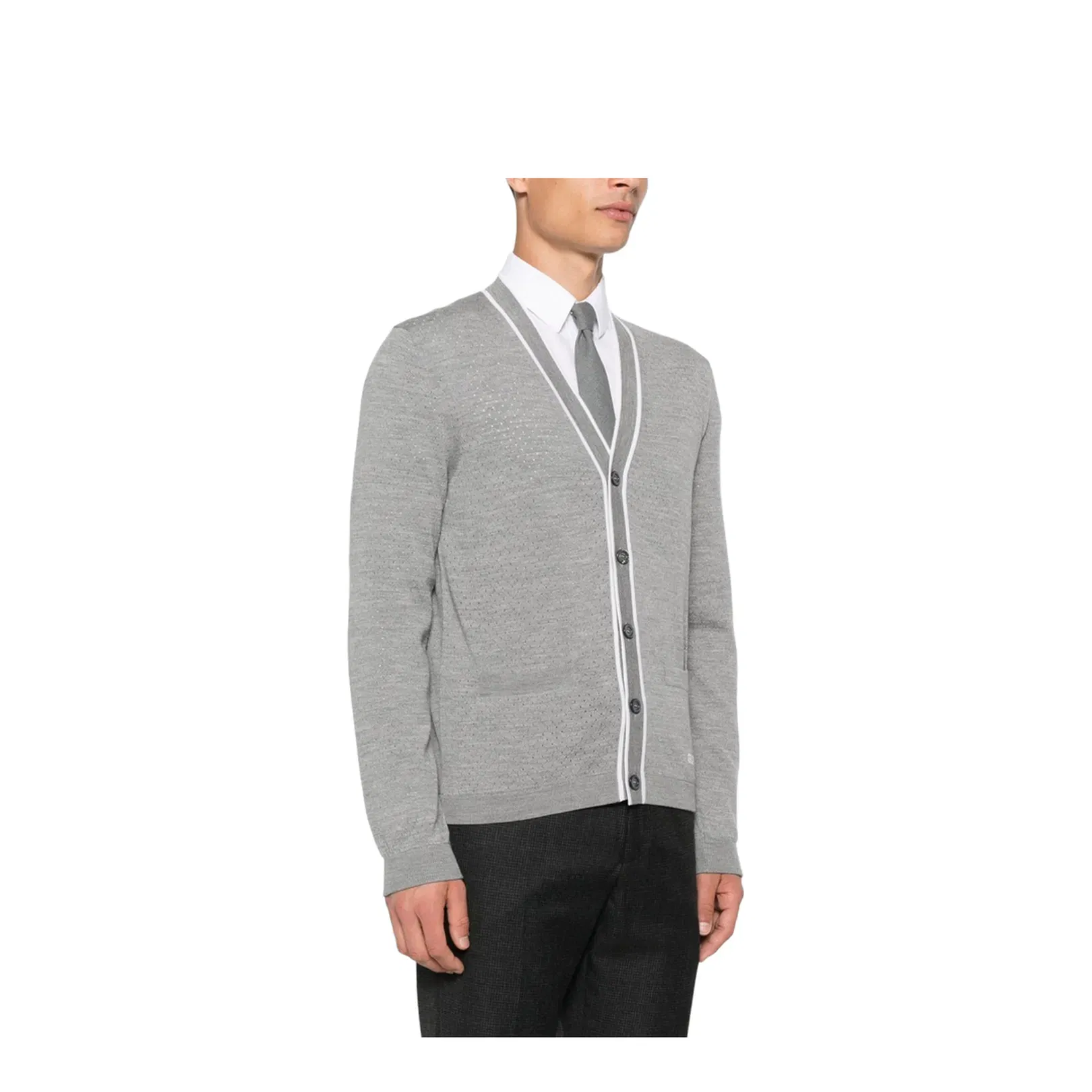 Fine Wool Knit Cardigan with Intarsia
