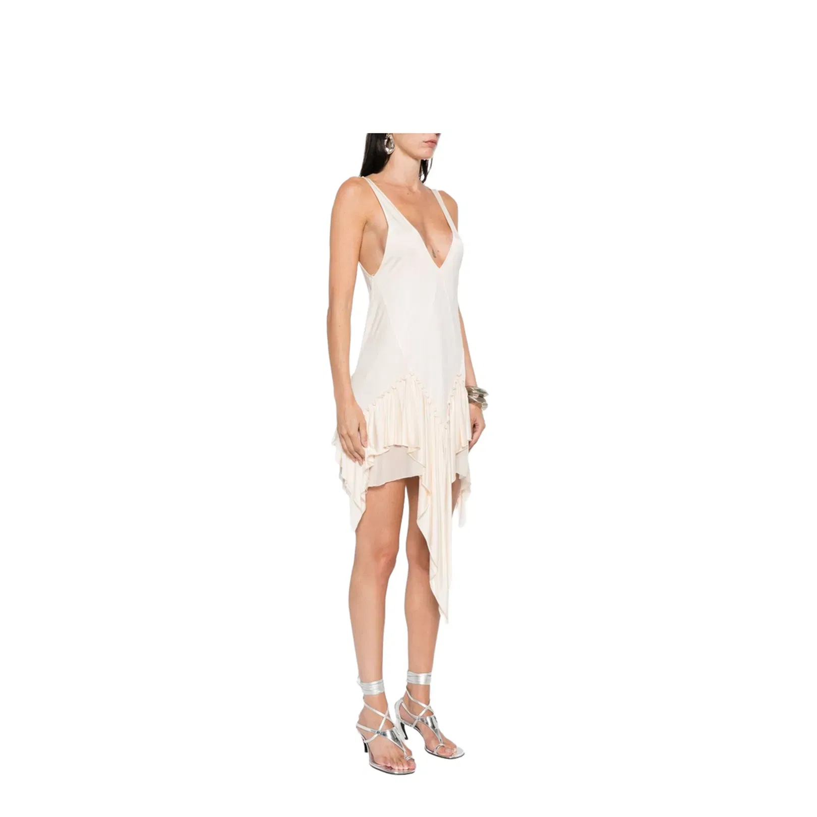 Ivory Ruffled Hem Asymmetric Cut Sleeveless V-Neck Top