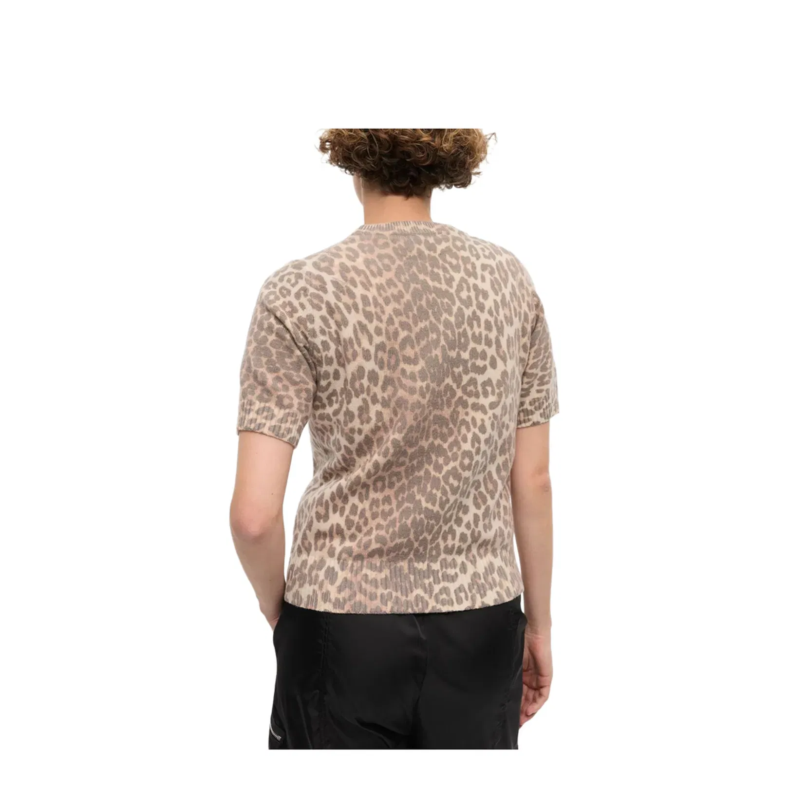 Beige Crew Neck Shorts Sleeves Leopard Print Ribbed Trim