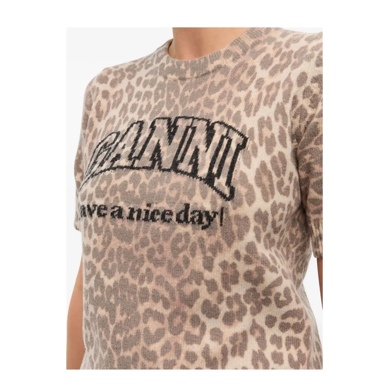 Beige Crew Neck Shorts Sleeves Leopard Print Ribbed Trim
