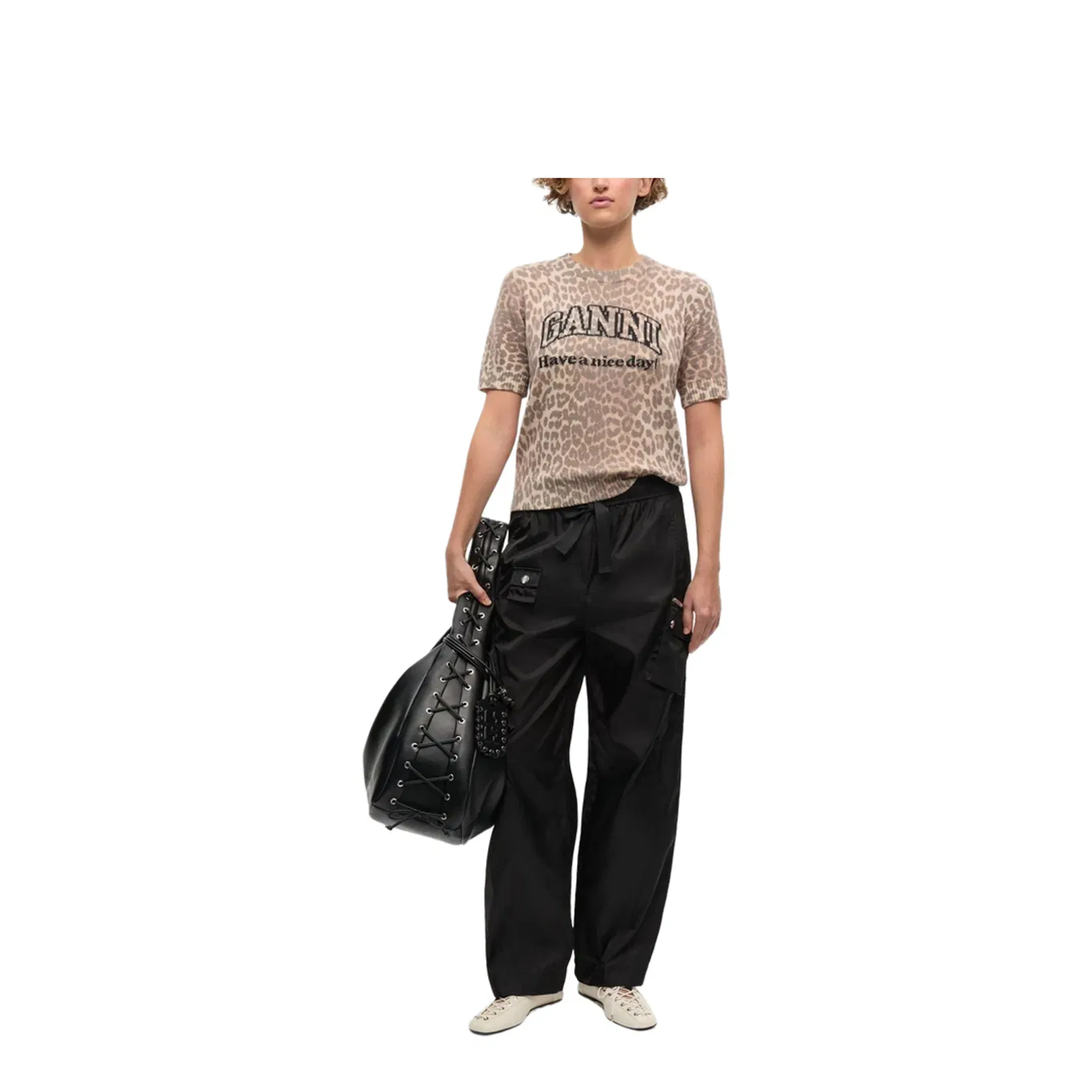 Beige Crew Neck Shorts Sleeves Leopard Print Ribbed Trim