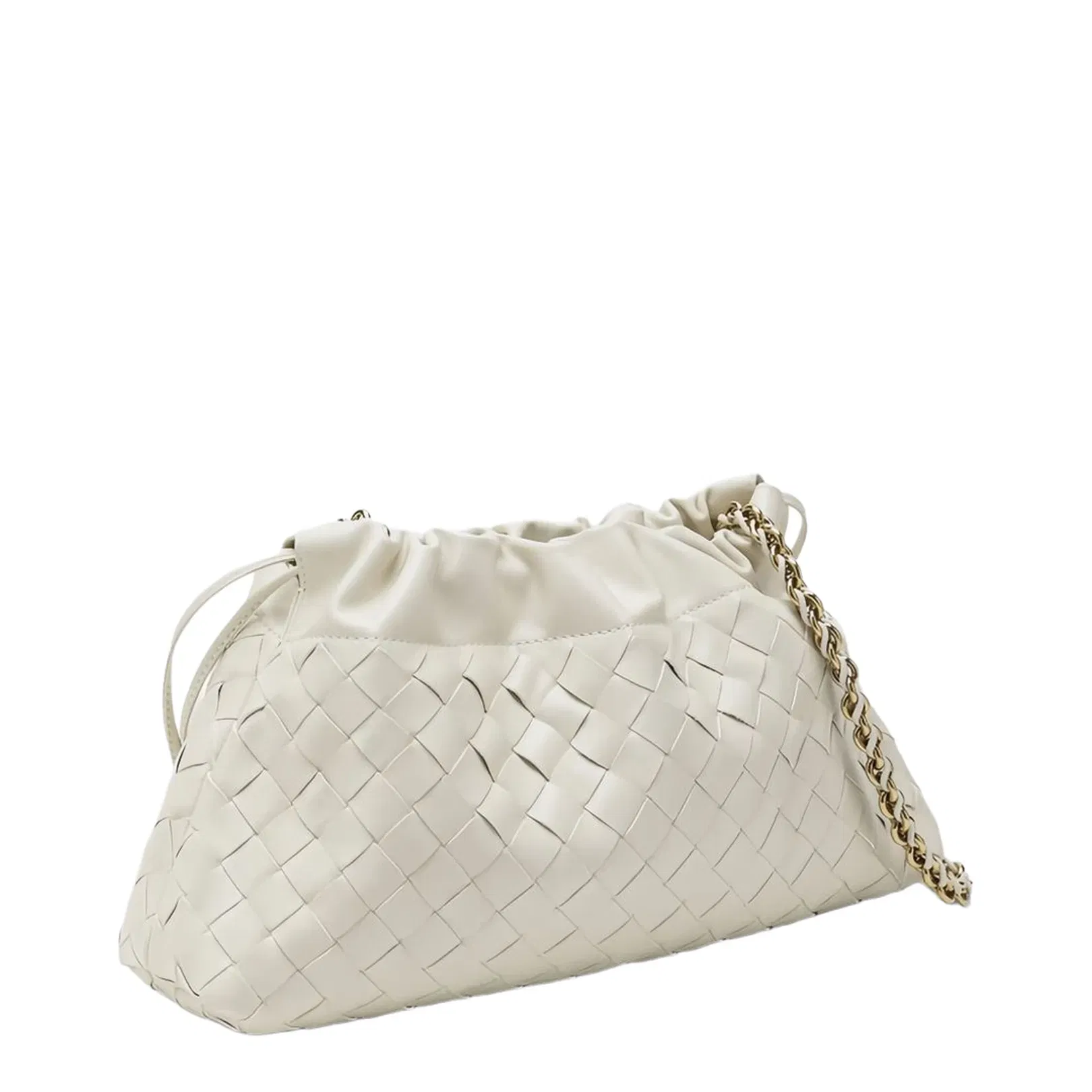 Off-White Leather Woven Design Drawstring Closure Chain-Link Shoulder Strap Gold-Tone Hardware