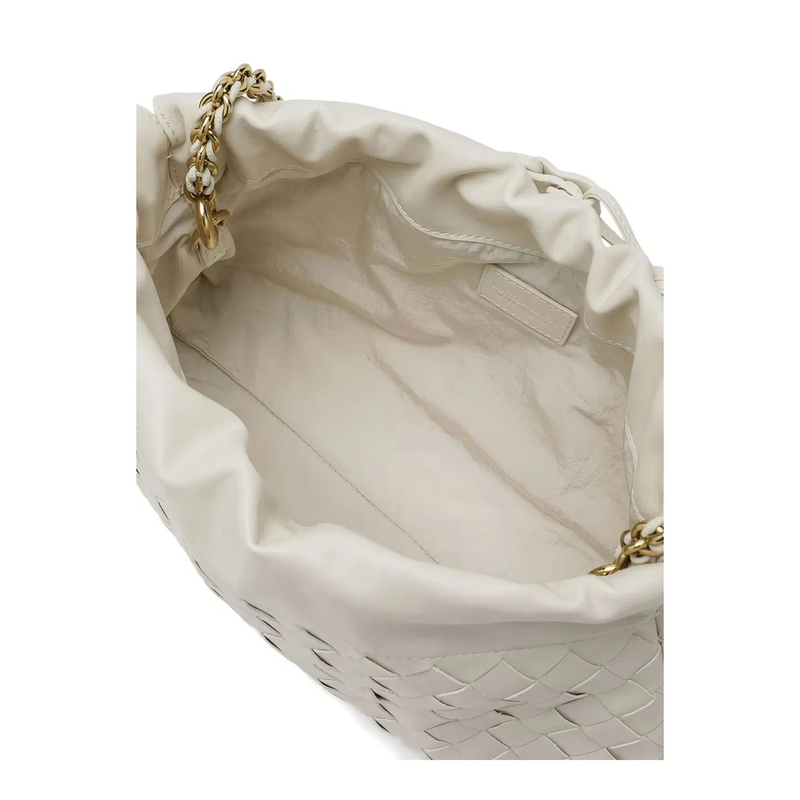 Off-White Leather Woven Design Drawstring Closure Chain-Link Shoulder Strap Gold-Tone Hardware