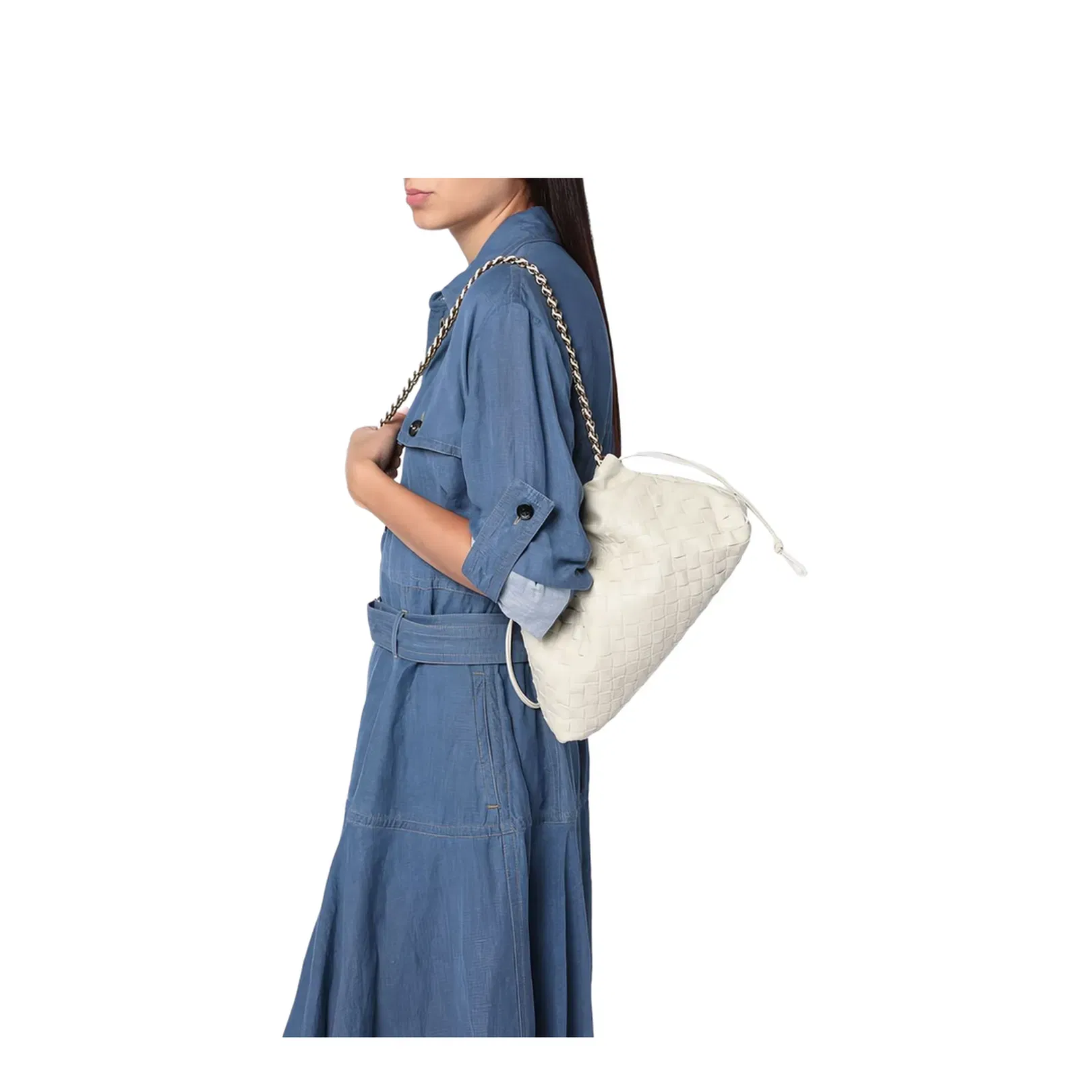 Off-White Leather Woven Design Drawstring Closure Chain-Link Shoulder Strap Gold-Tone Hardware