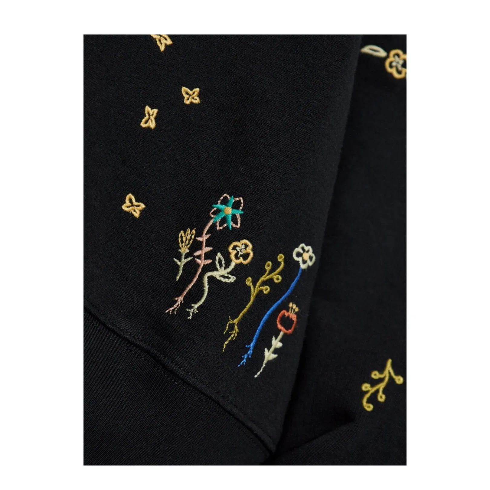 Black Multicoloured Floral Embroidery Crew Neck Long Sleeves Ribbed Cuffs and Hem Relaxed Fit
