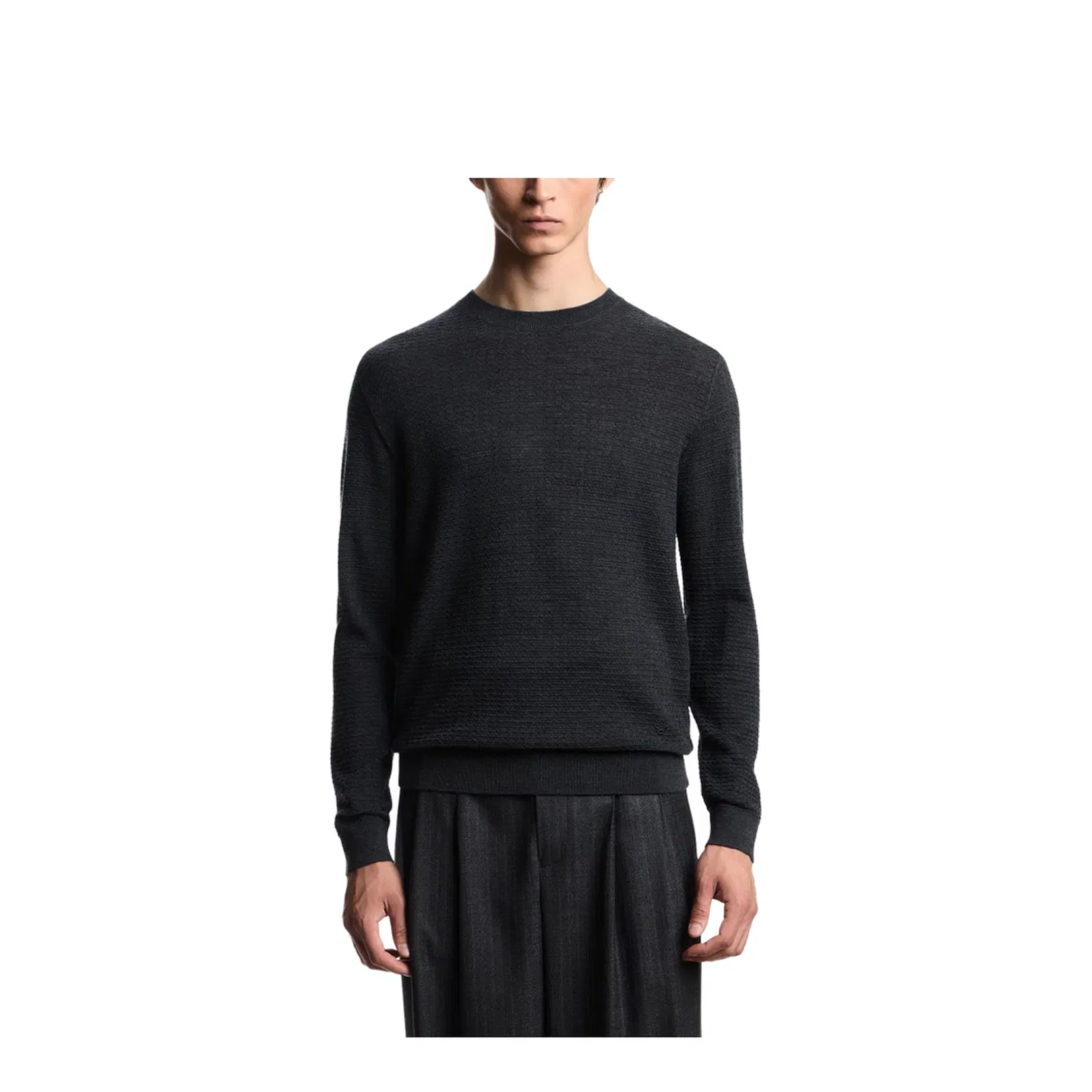Dark Grey Textured Knit Round Neck Long Sleeve Top