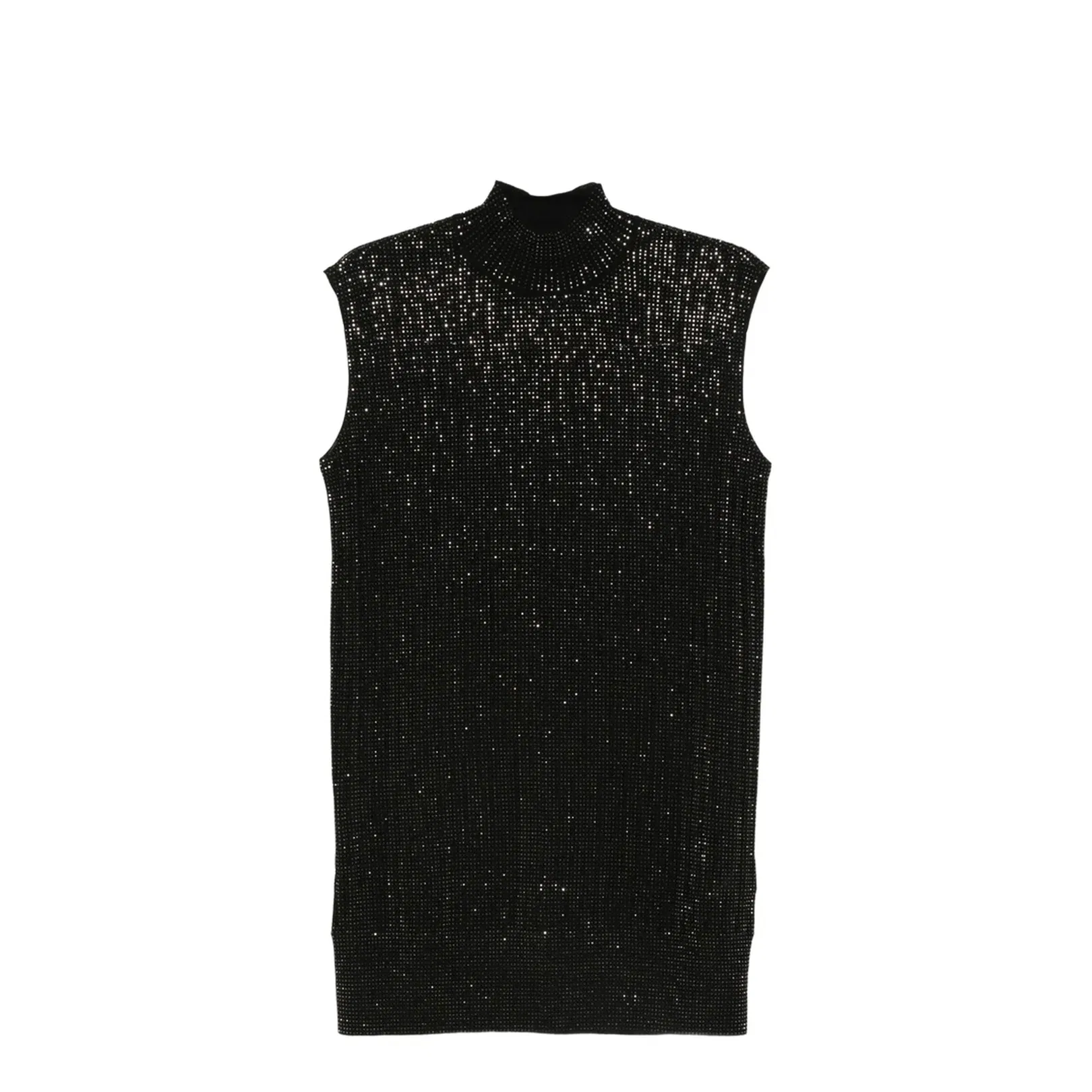 Plain-knit Virgin Wool-blend Sleeveless Dress with All-over Rhinestones