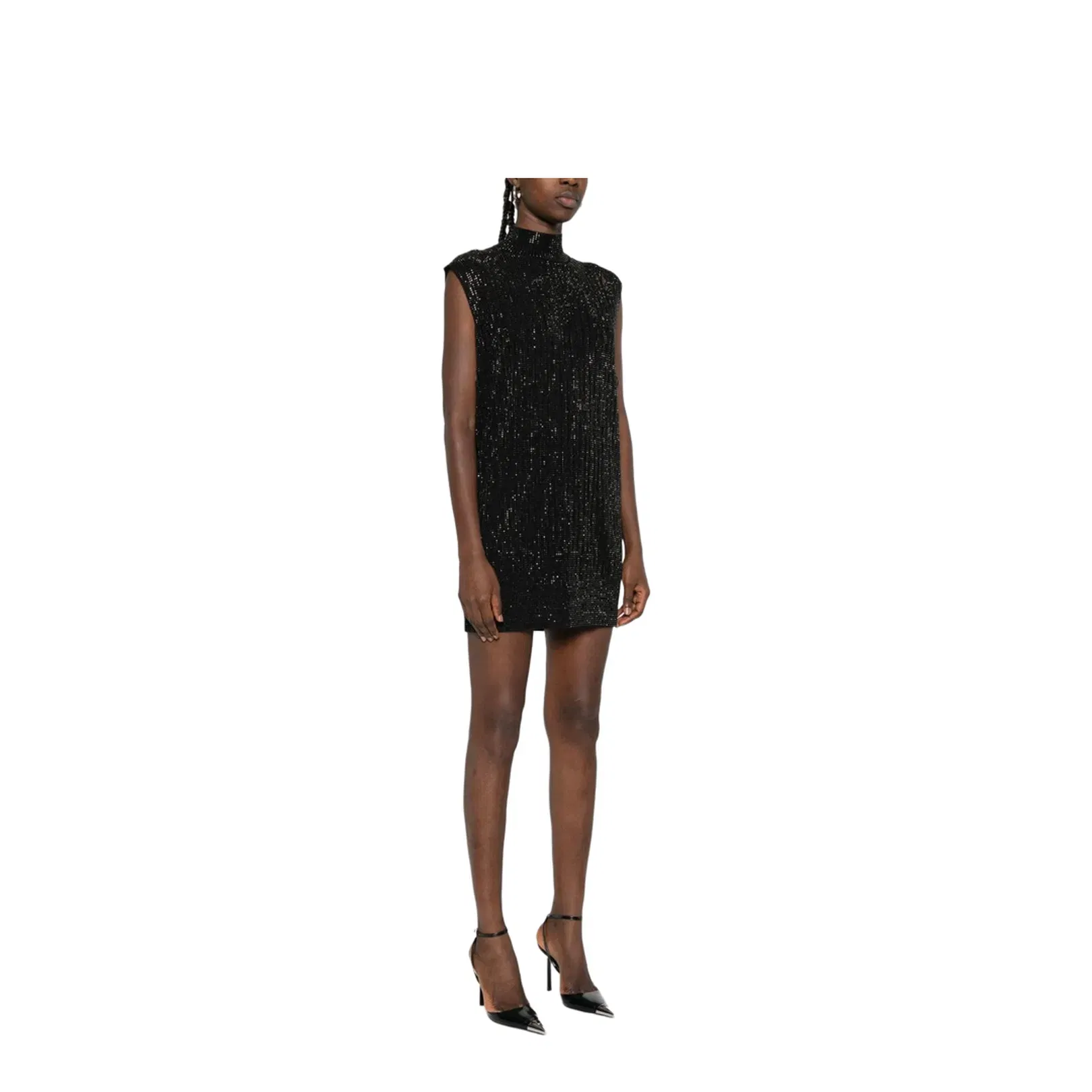 Plain-knit Virgin Wool-blend Sleeveless Dress with All-over Rhinestones