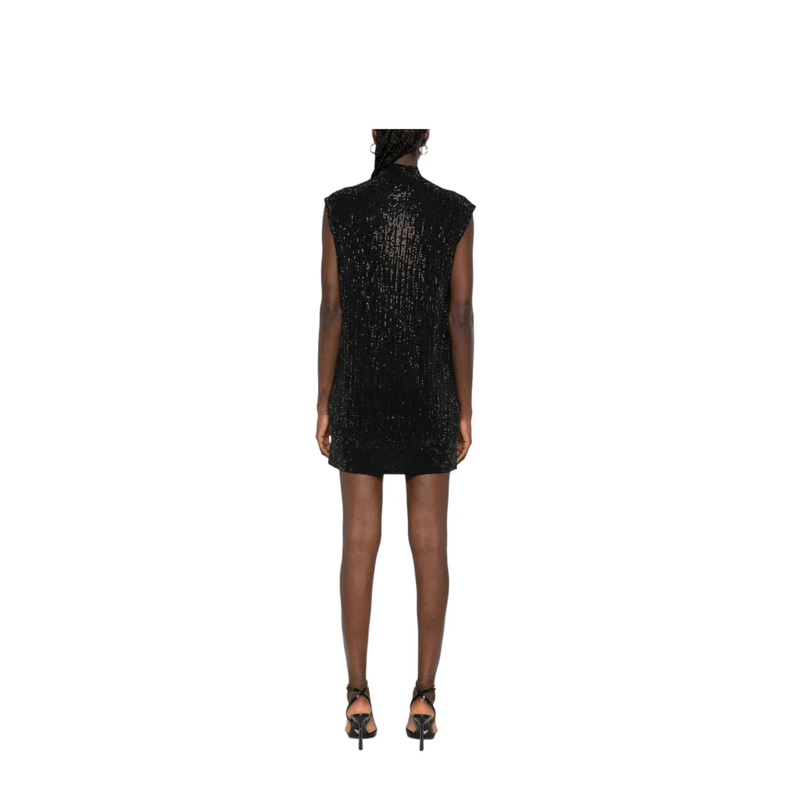 Plain-knit Virgin Wool-blend Sleeveless Dress with All-over Rhinestones