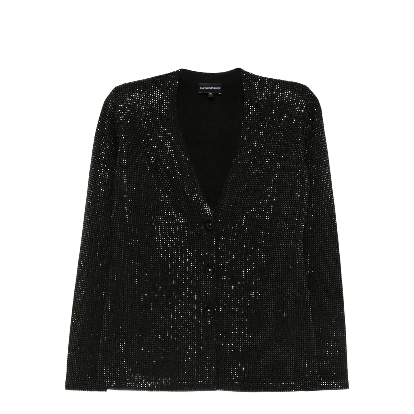 Virgin Wool-Blend Plain-Knit Cardigan with All-Over Rhinestones