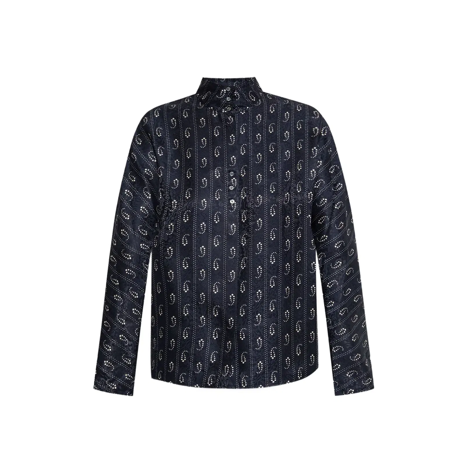 Navy Blue Paisley Print Button Fastening Mandarin Collar Long Sleeves