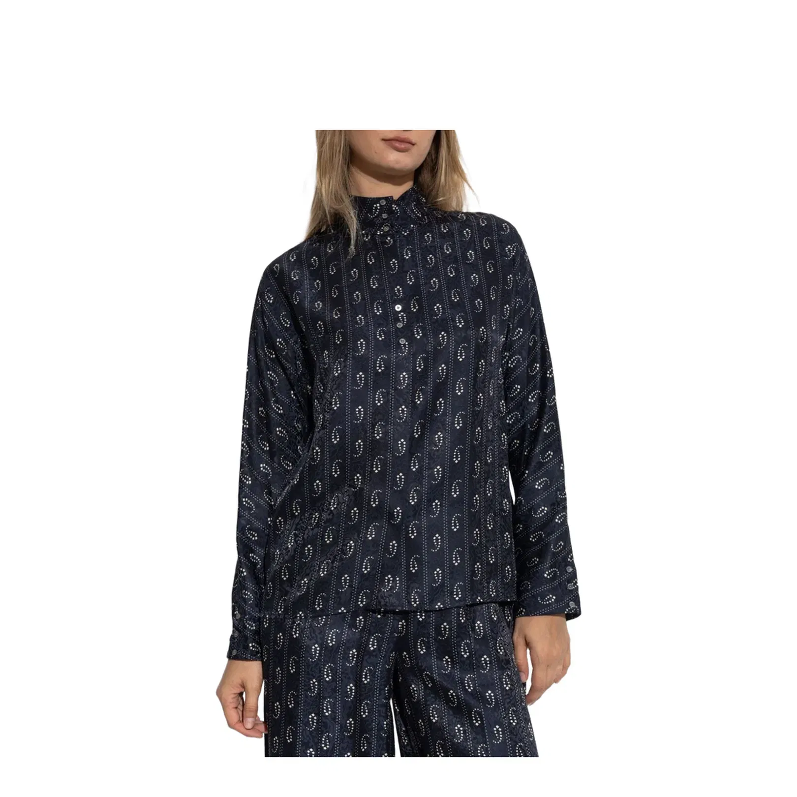 Navy Blue Paisley Print Button Fastening Mandarin Collar Long Sleeves