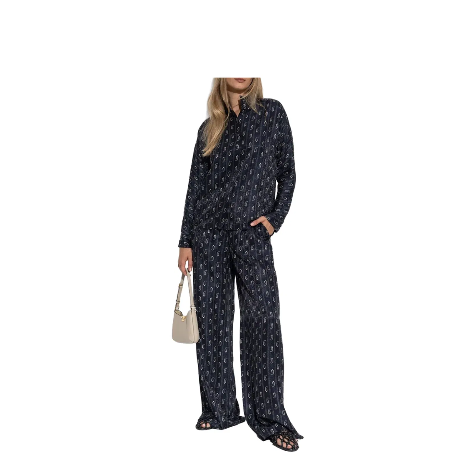 Navy Blue Paisley Print Button Fastening Mandarin Collar Long Sleeves