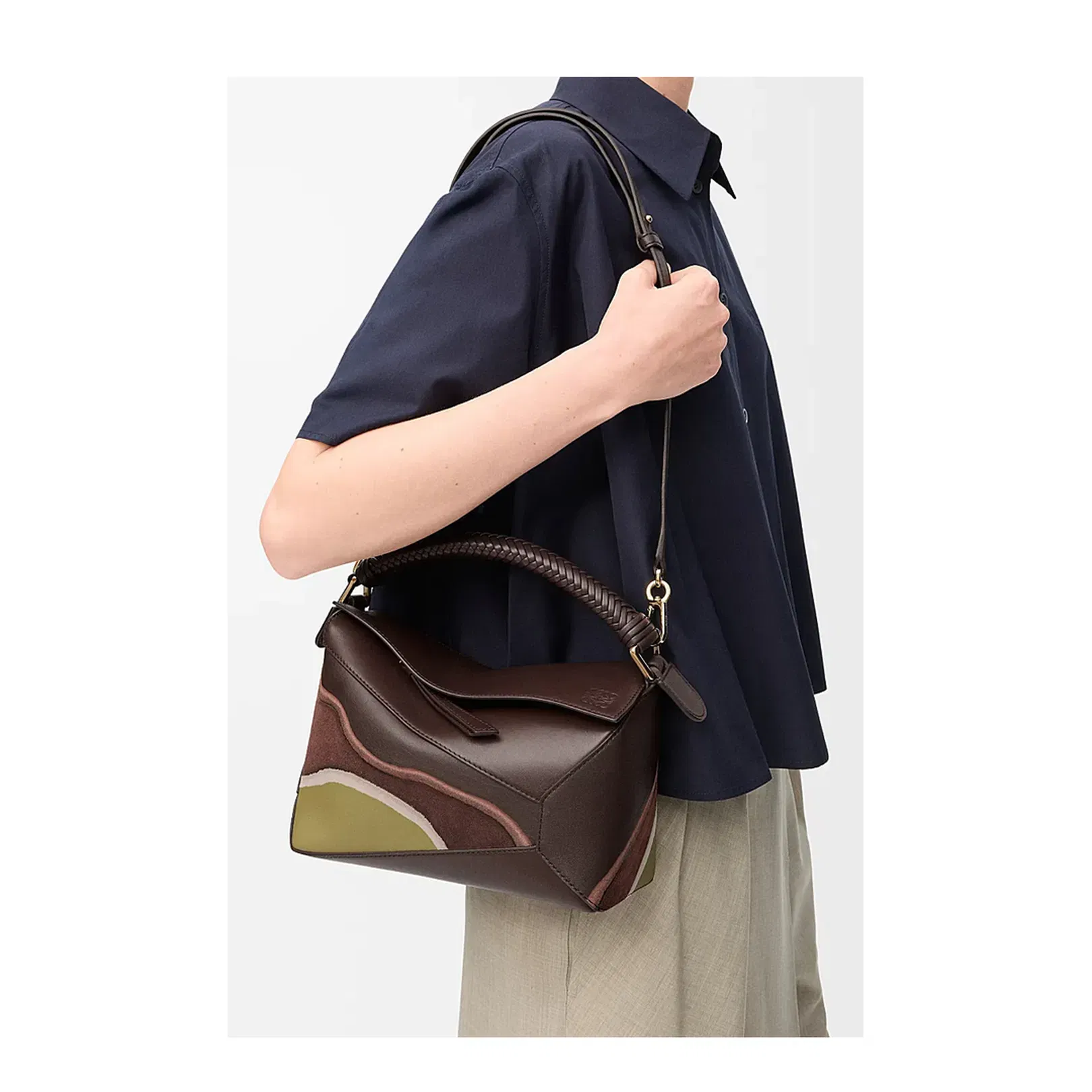 Puzzle Edge Small Leather Shoulder Bags - Chocolate Light Moss