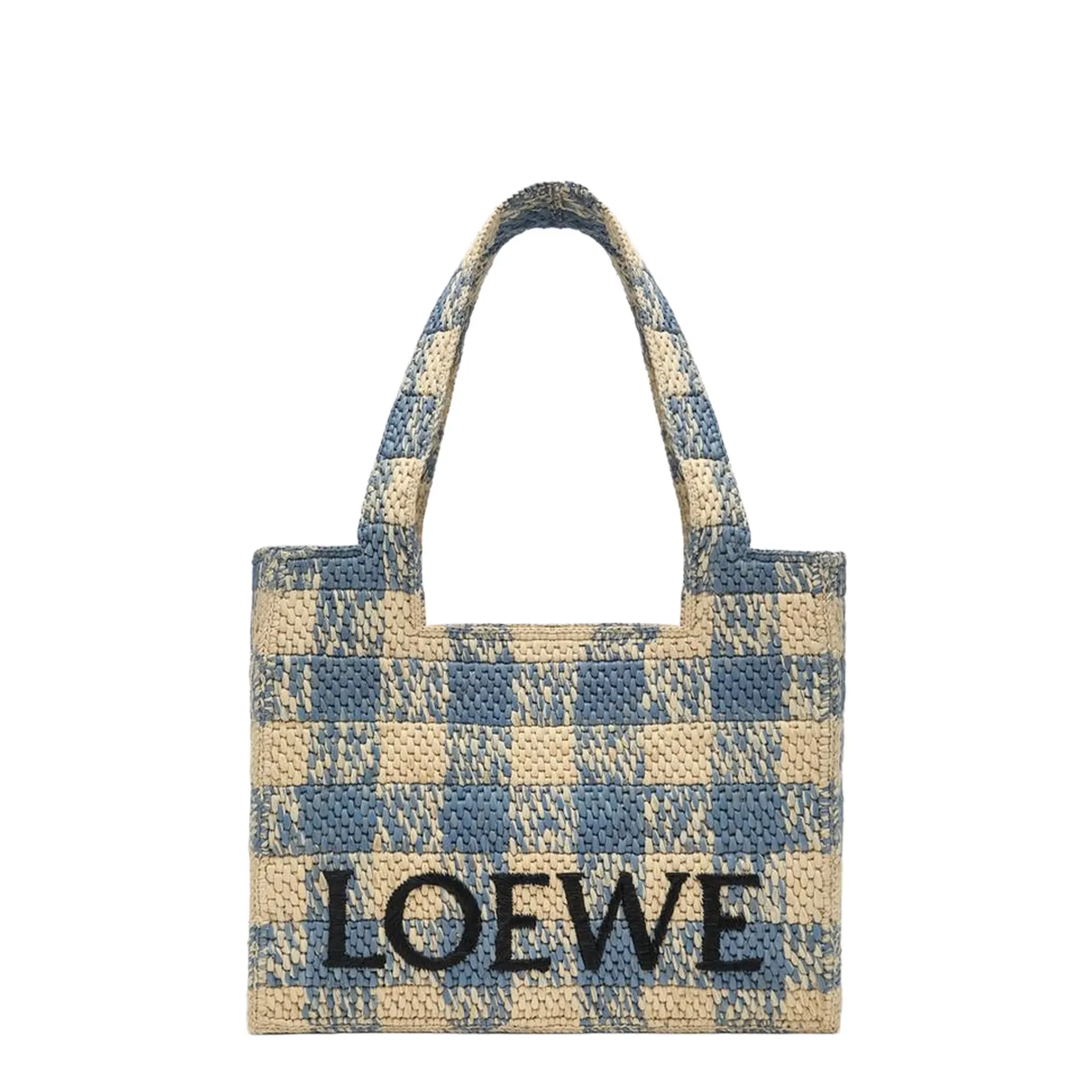Font Medium Raffia Tote Bags - Natural Light Blue