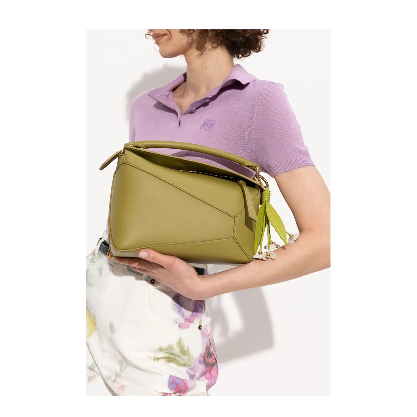 Puzzle Edge Small Calfskin Shoulder Bags - Green Light Moss