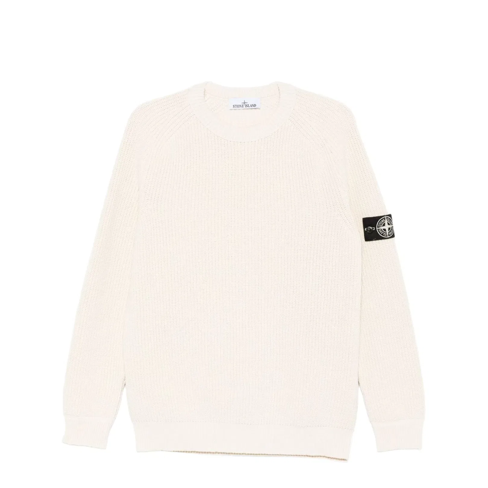 Beige Ribbed Knit Crew Neck Long Sleeves Compass Badge Cotton