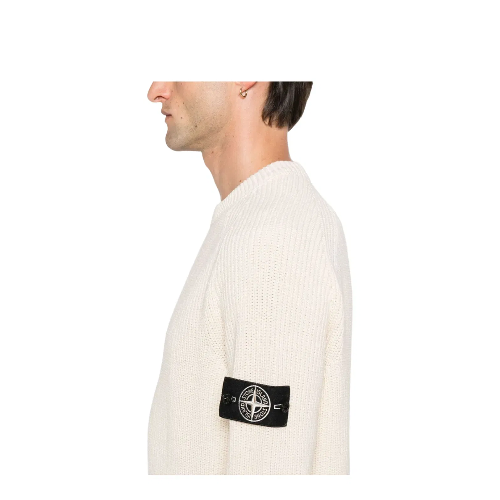 Beige Ribbed Knit Crew Neck Long Sleeves Compass Badge Cotton