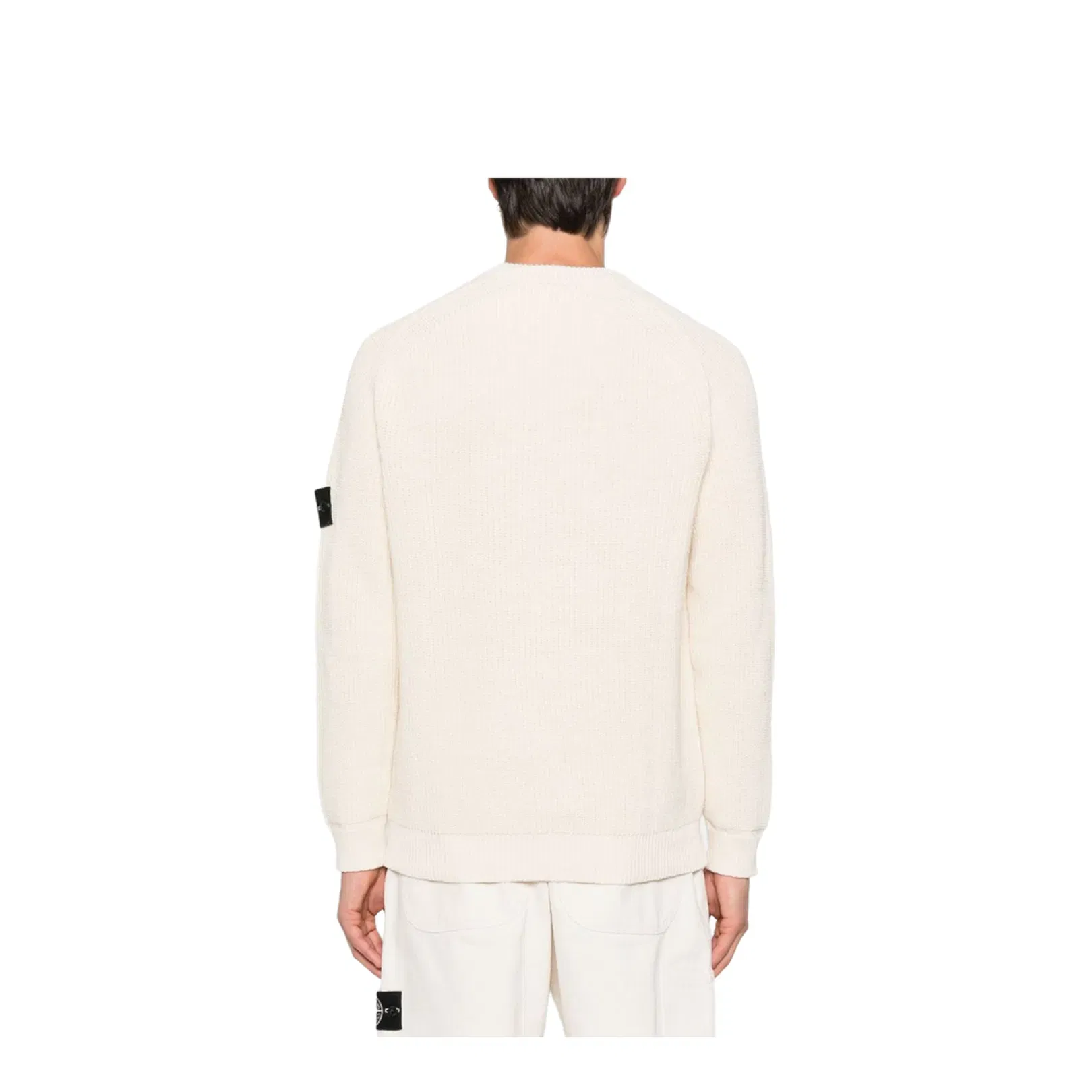Beige Ribbed Knit Crew Neck Long Sleeves Compass Badge Cotton