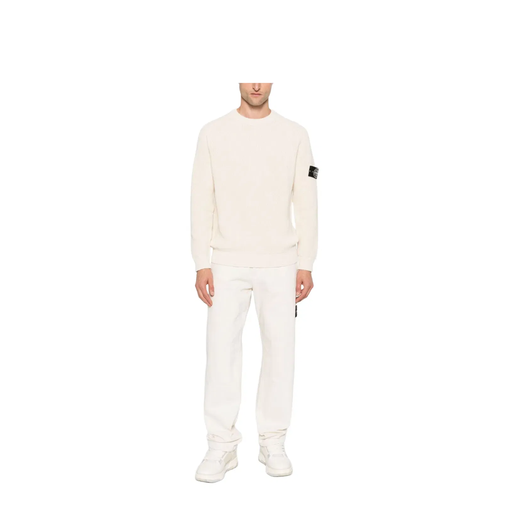 Beige Ribbed Knit Crew Neck Long Sleeves Compass Badge Cotton