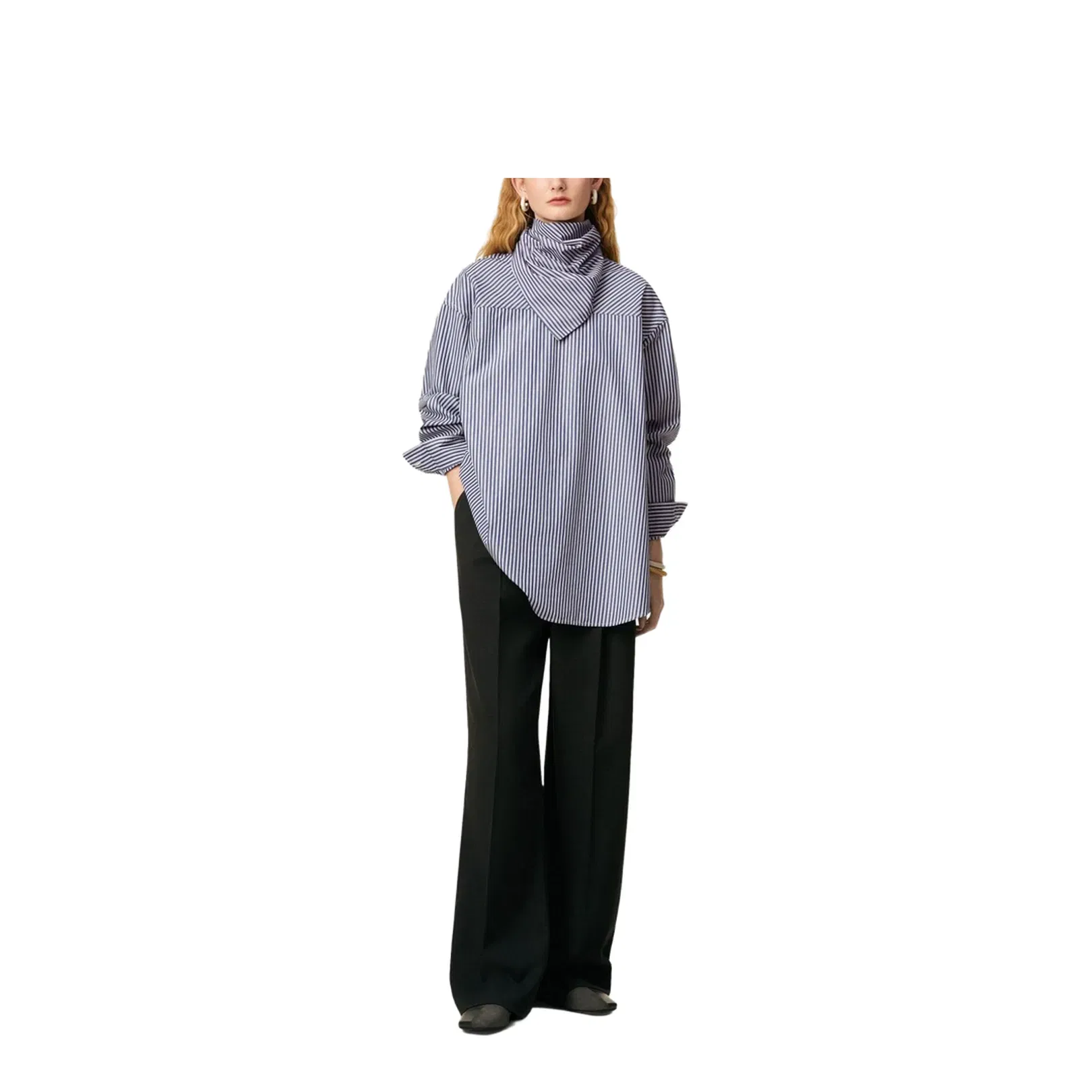 Blue Cotton Long Sleeves Striped Bandana Blouse