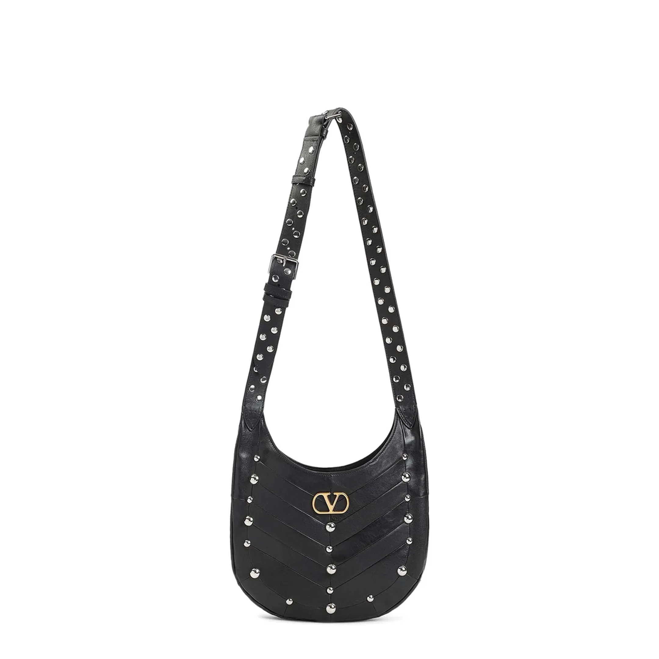 Hoboho Nappa Leather Hobo Bag With Chevron Pattern And Studs Black