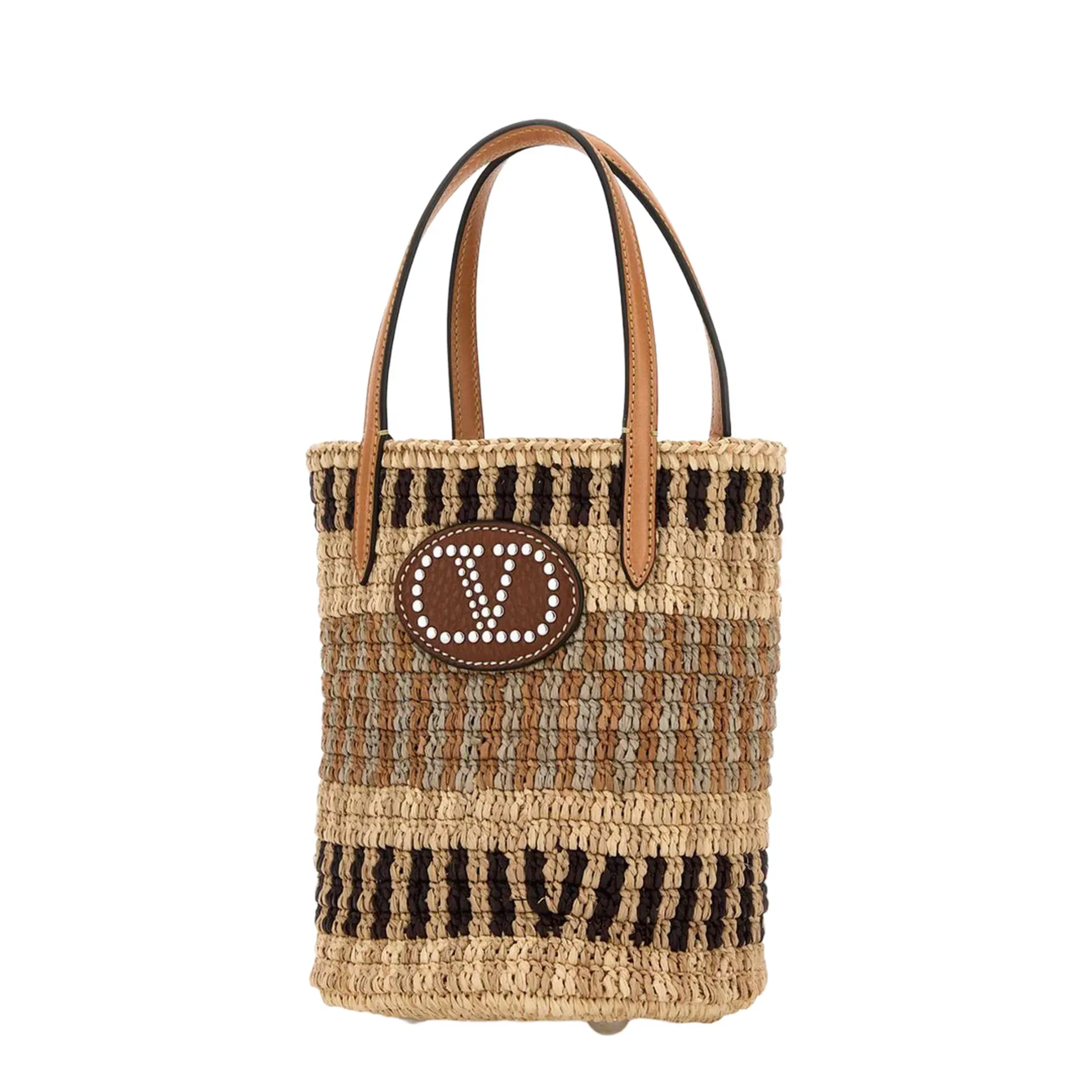 Embroidered Raffia Bucket Bag Beige