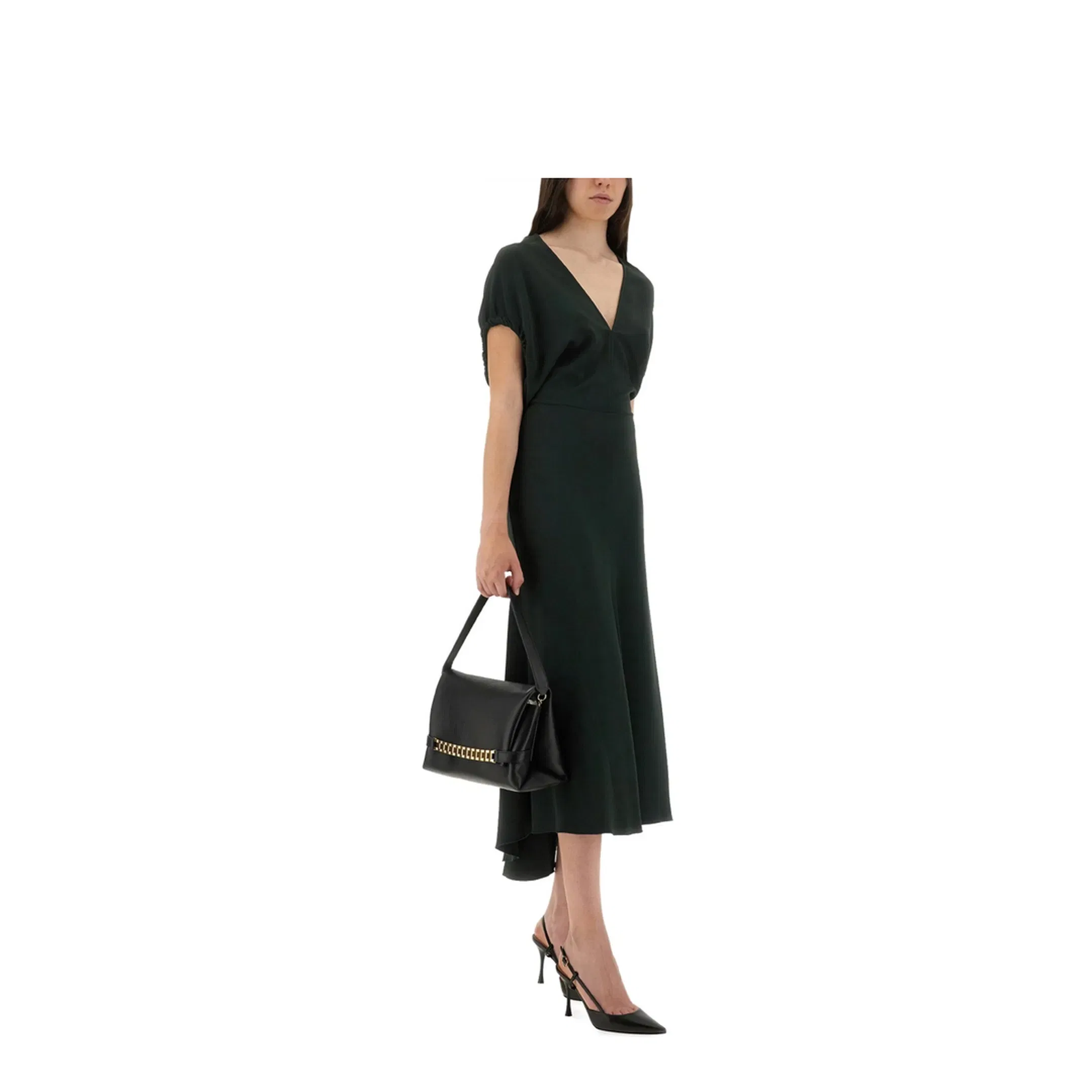 V-Neck Blouson Midi Dress in Black