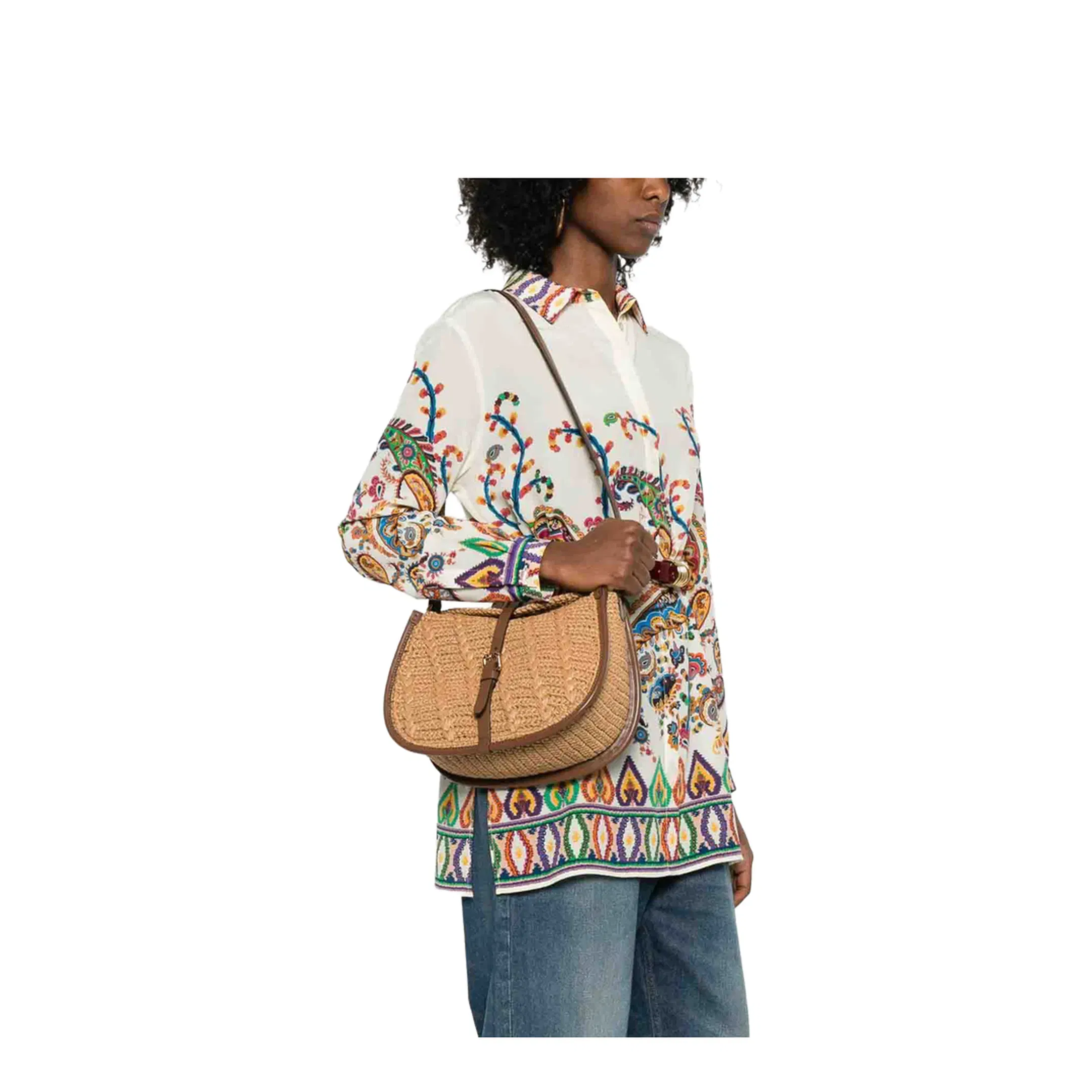 Medium Pony Shoulder Bag Crocheted Raffia Light Brown
