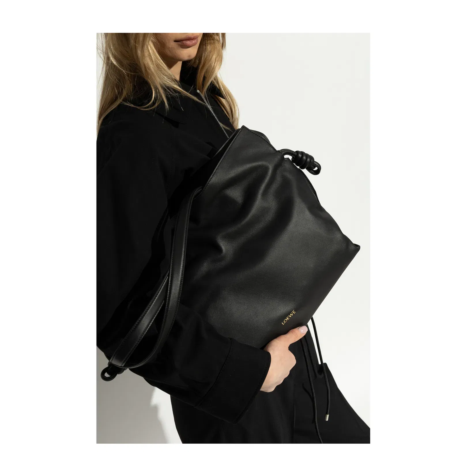 Flamenco Large Leather Clutch Bag - Black